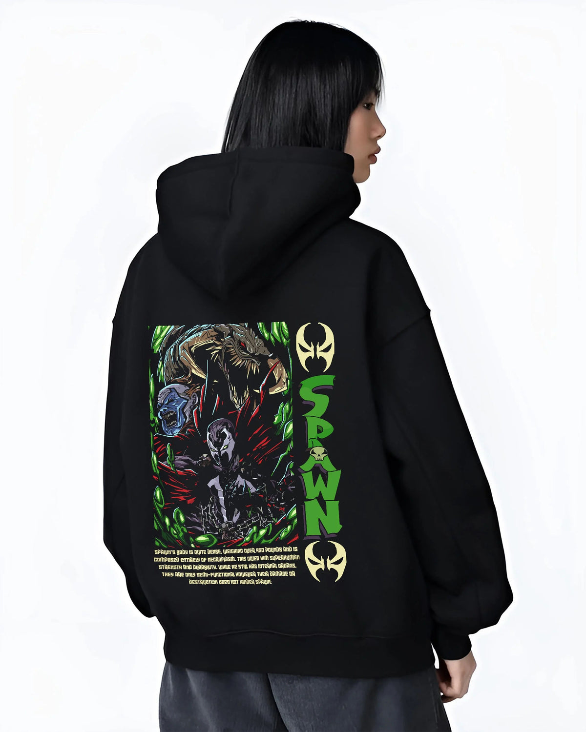 Black hoodie worn by female model from the back featuring Spawn Hellspawn green energy artwork.