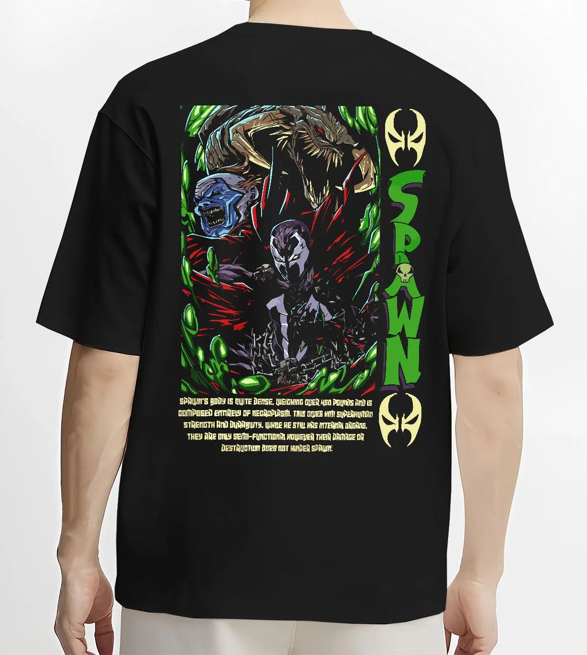 Black T-shirt worn by male model from the back featuring Spawn Hellspawn green energy artwork.