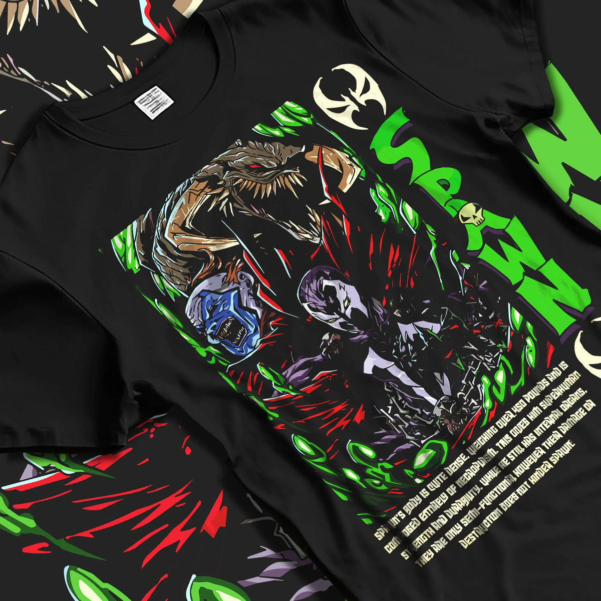 Black T-shirt laid flat with natural folds featuring Spawn Hellspawn green energy artwork.