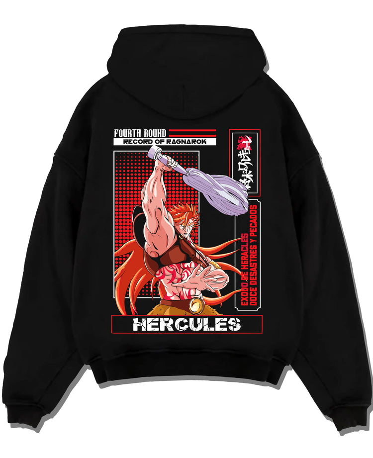 Black pullover hoodie laid flat with Record of Ragnarok Hoodie Hercules Strong Hero Jumper graphic premium wear.