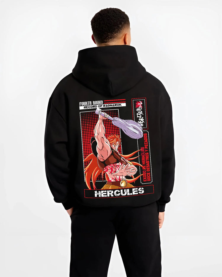 Black hoodie worn by male model, back view with Record of Ragnarok Hoodie Hercules Strong Hero Jumper graphic bold anime graphic.