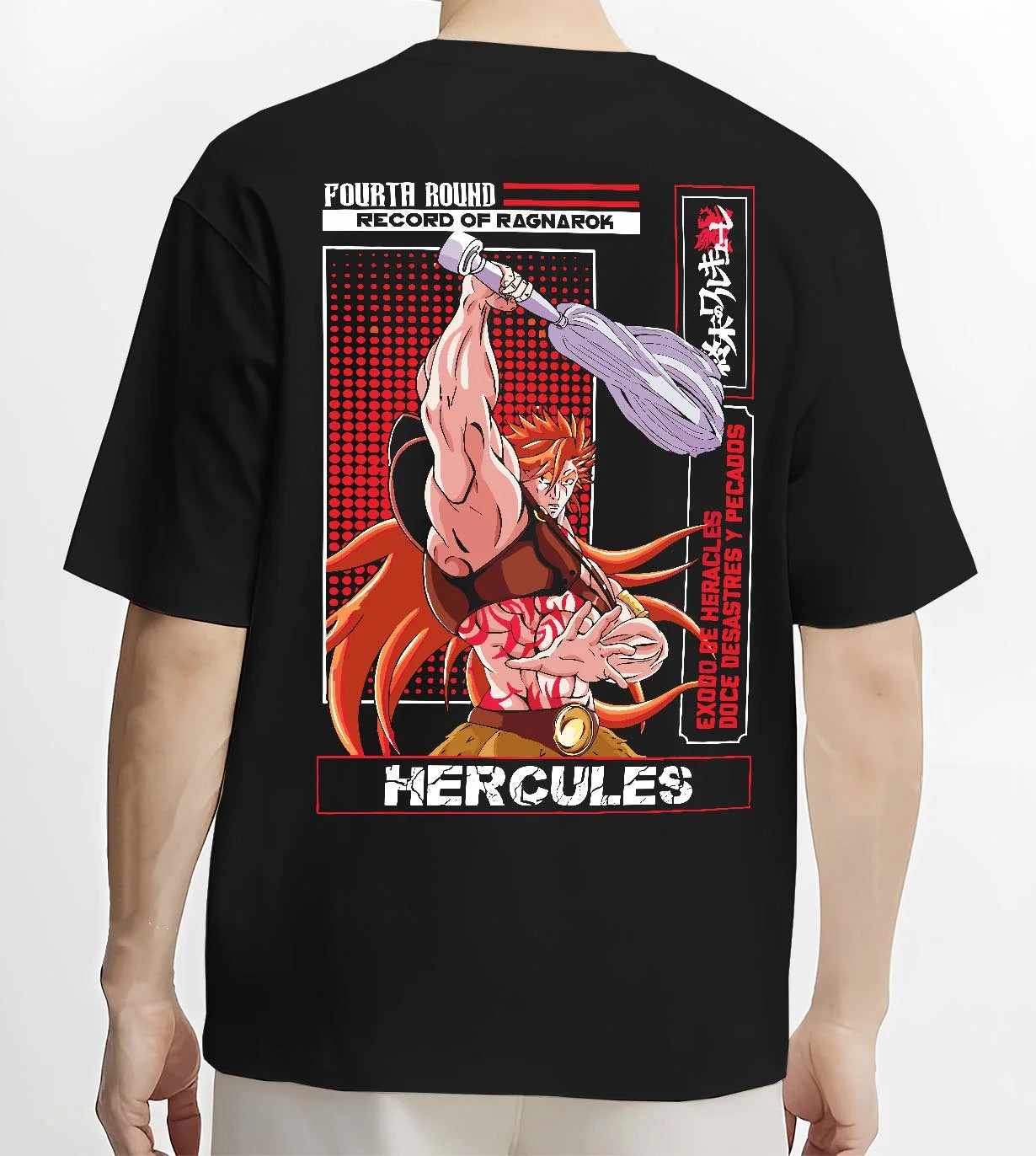 Black T-shirt worn by male model, back view with Record of Ragnarok Hoodie Hercules Strong Hero Jumper graphic bold anime graphic.