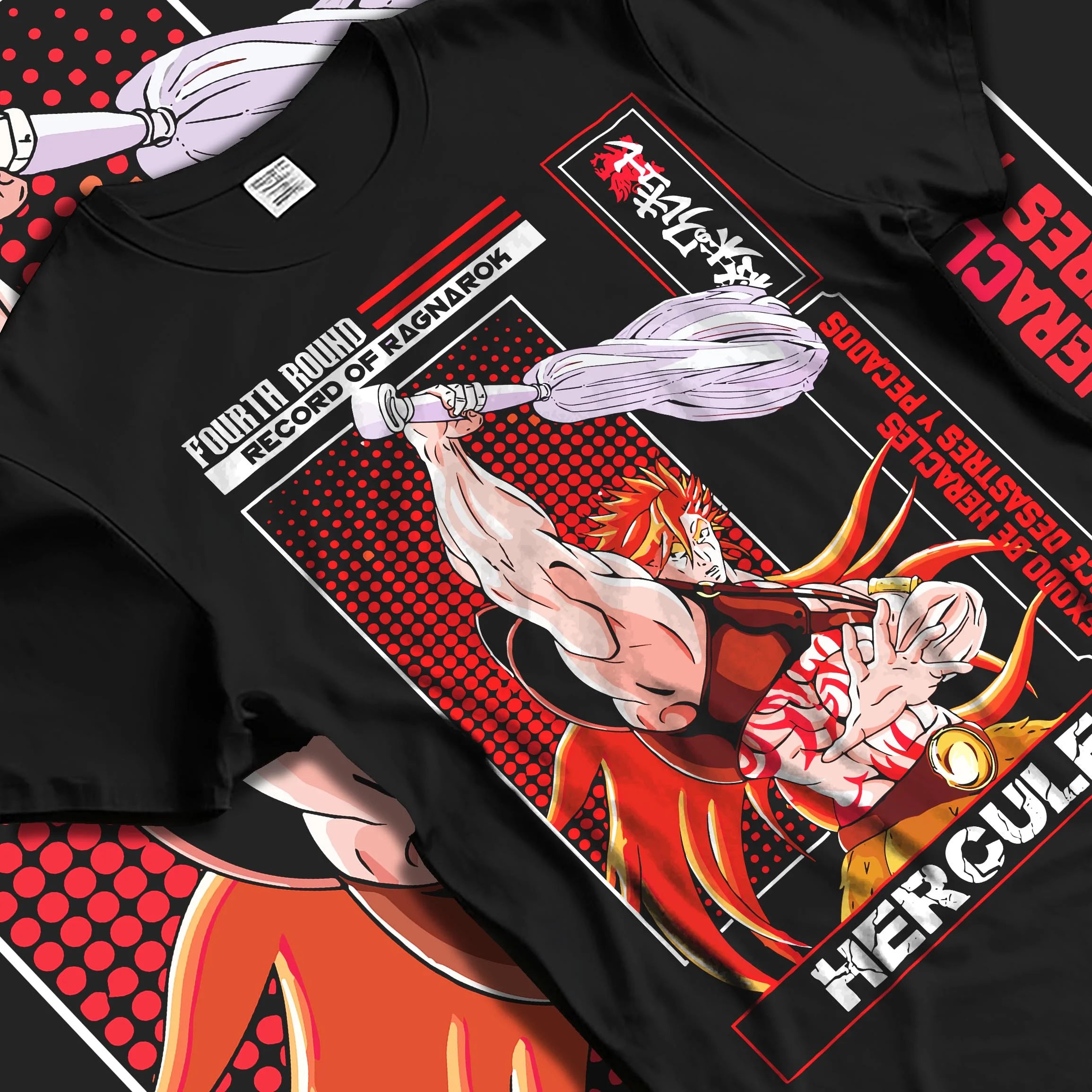 Black T-shirt laid flat with natural folds with Record of Ragnarok Hoodie Hercules Strong Hero Jumper graphic premium wear.
