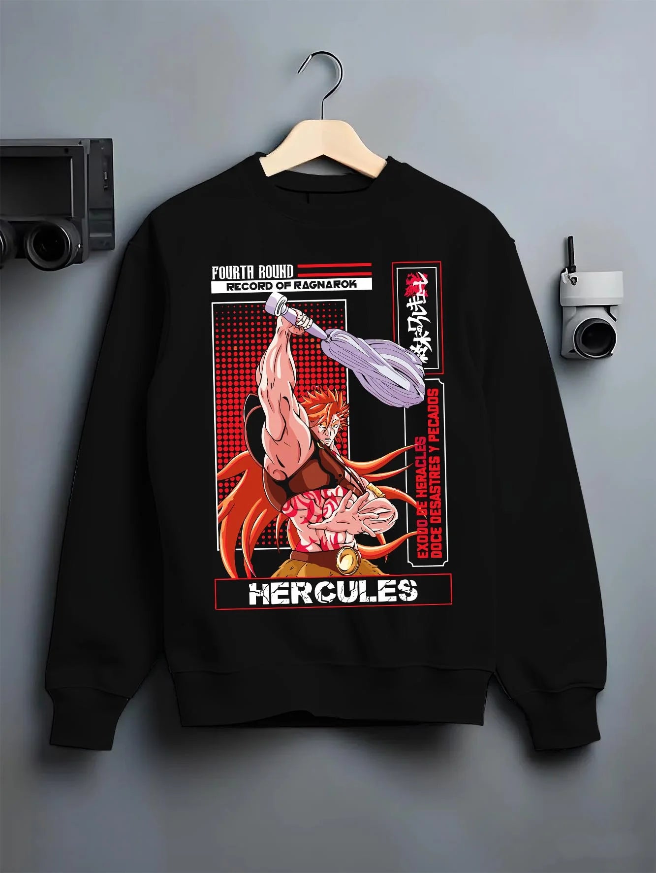 Black crewneck sweatshirt on hanger with Record of Ragnarok Hoodie Hercules Strong Hero Jumper graphic streetwear graphic.