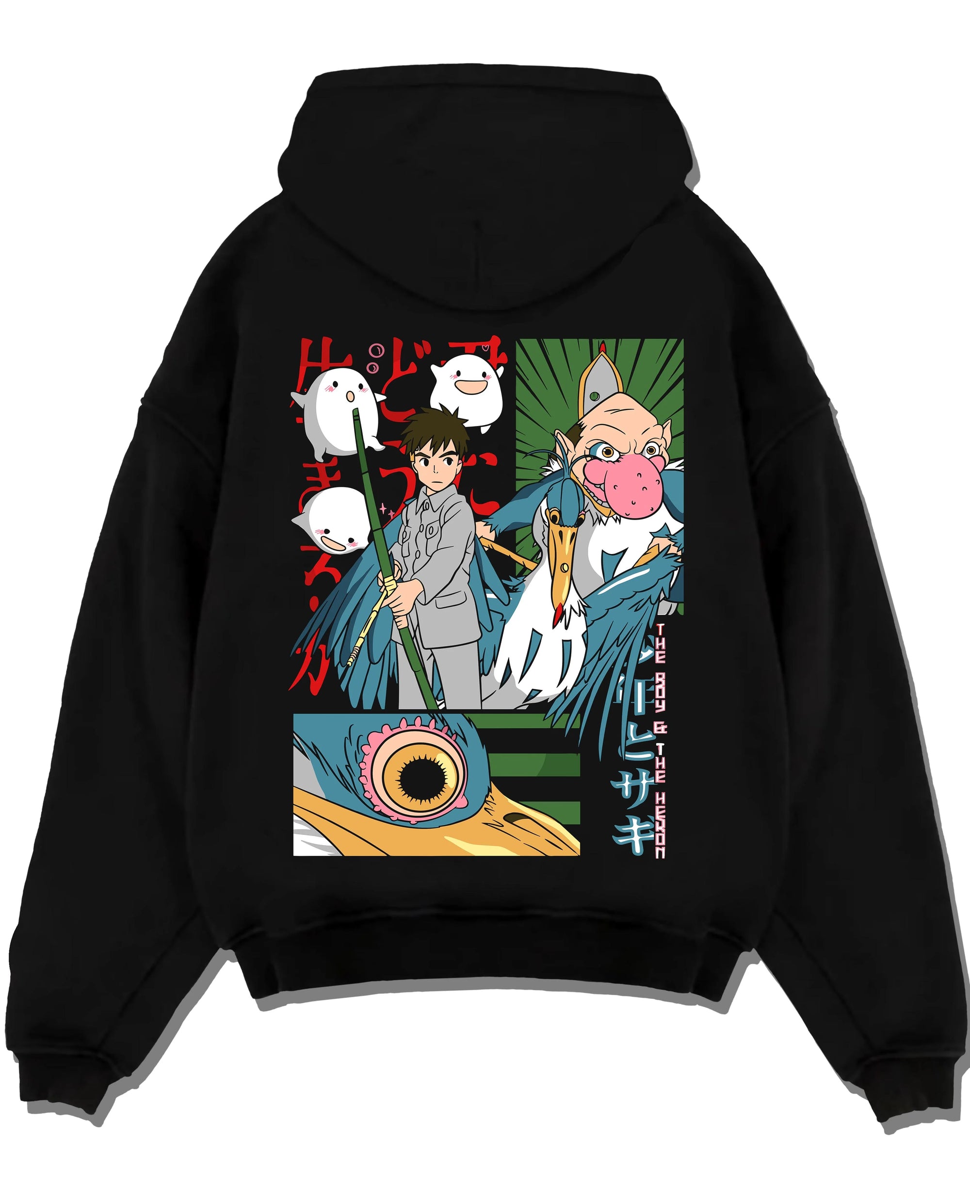Black pullover hoodie laid flat with The Boy And The Heron Hoodie Studio Ghibli Movie graphic streetwear graphic.