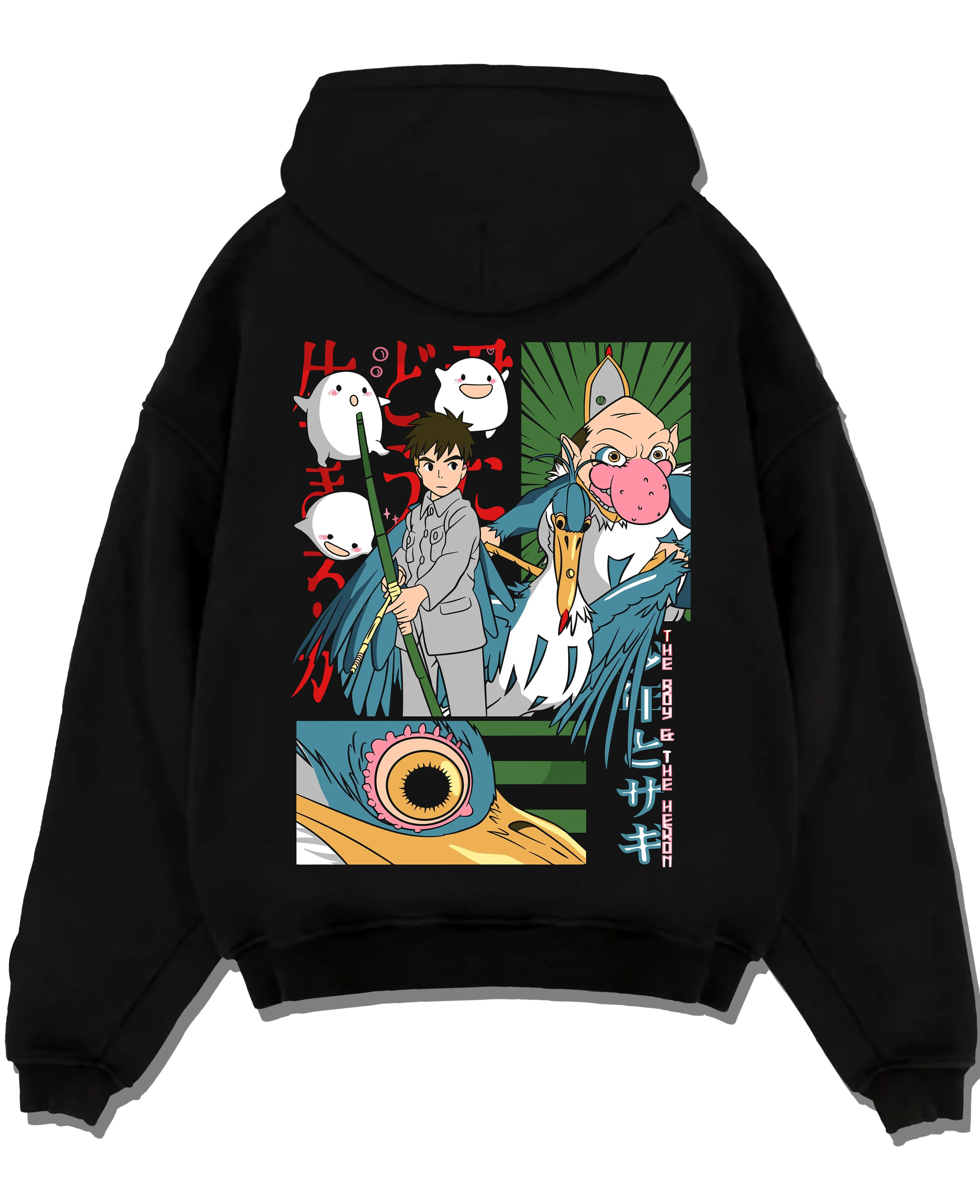 Black pullover hoodie laid flat with The Boy And The Heron Hoodie Studio Ghibli Movie graphic streetwear graphic.