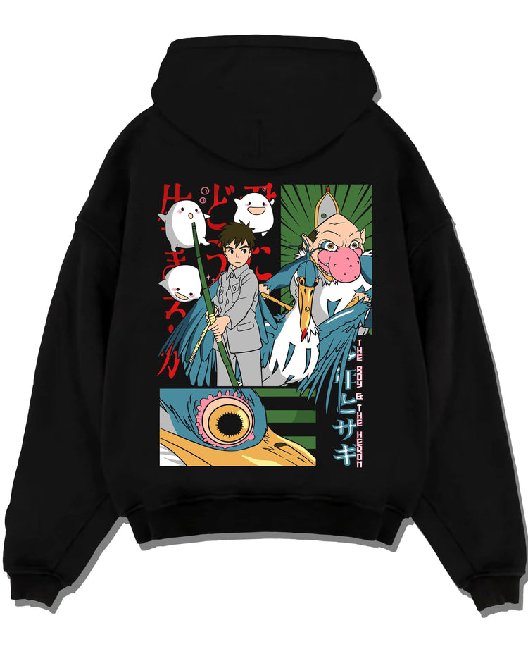 Black pullover hoodie laid flat with The Boy And The Heron Hoodie Studio Ghibli Movie graphic streetwear graphic.