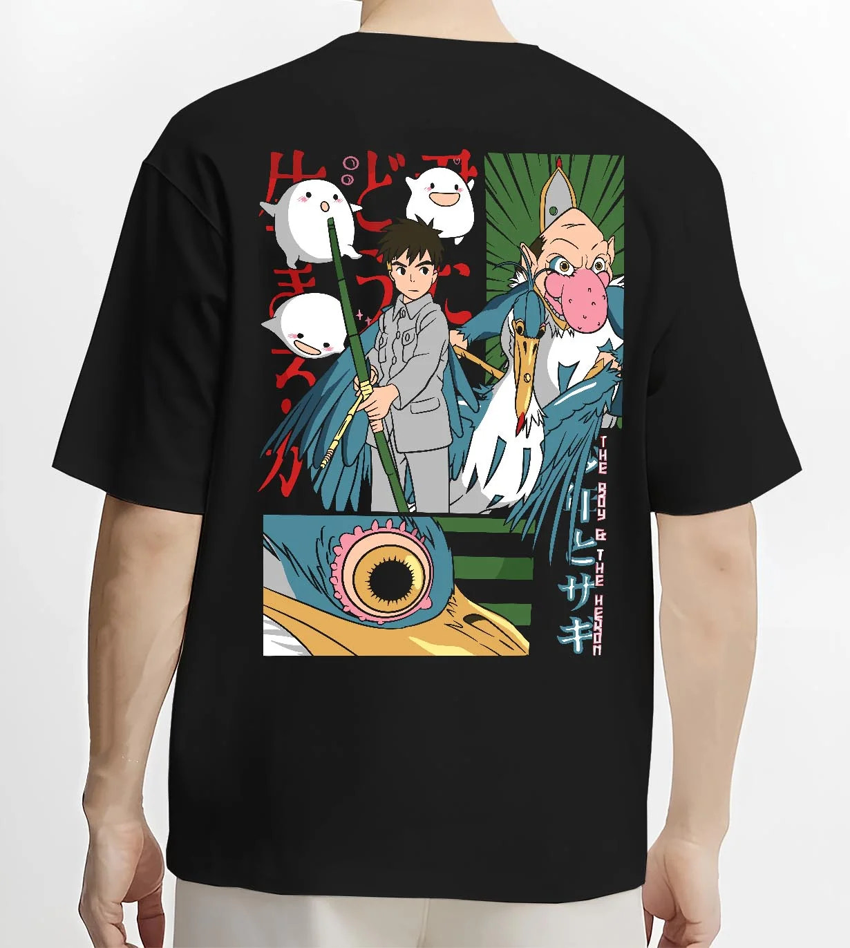 Black T-shirt worn by male model, back view with The Boy And The Heron Hoodie Studio Ghibli Movie graphic nan themed artwork.