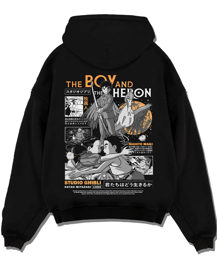 Black pullover hoodie laid flat with The Boy And The Heron Hoodie Studio Ghibli Cover graphic bold anime graphic.