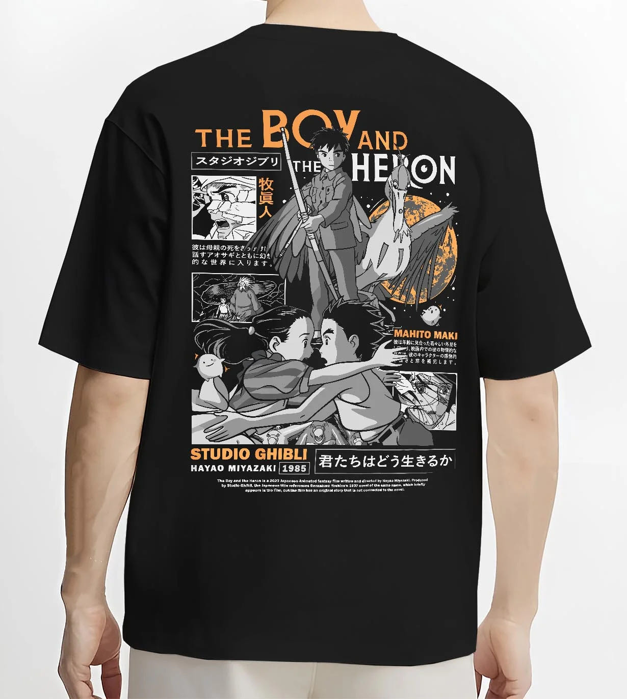 Black T-shirt worn by male model, back view with The Boy And The Heron Hoodie Studio Ghibli Cover graphic premium wear.
