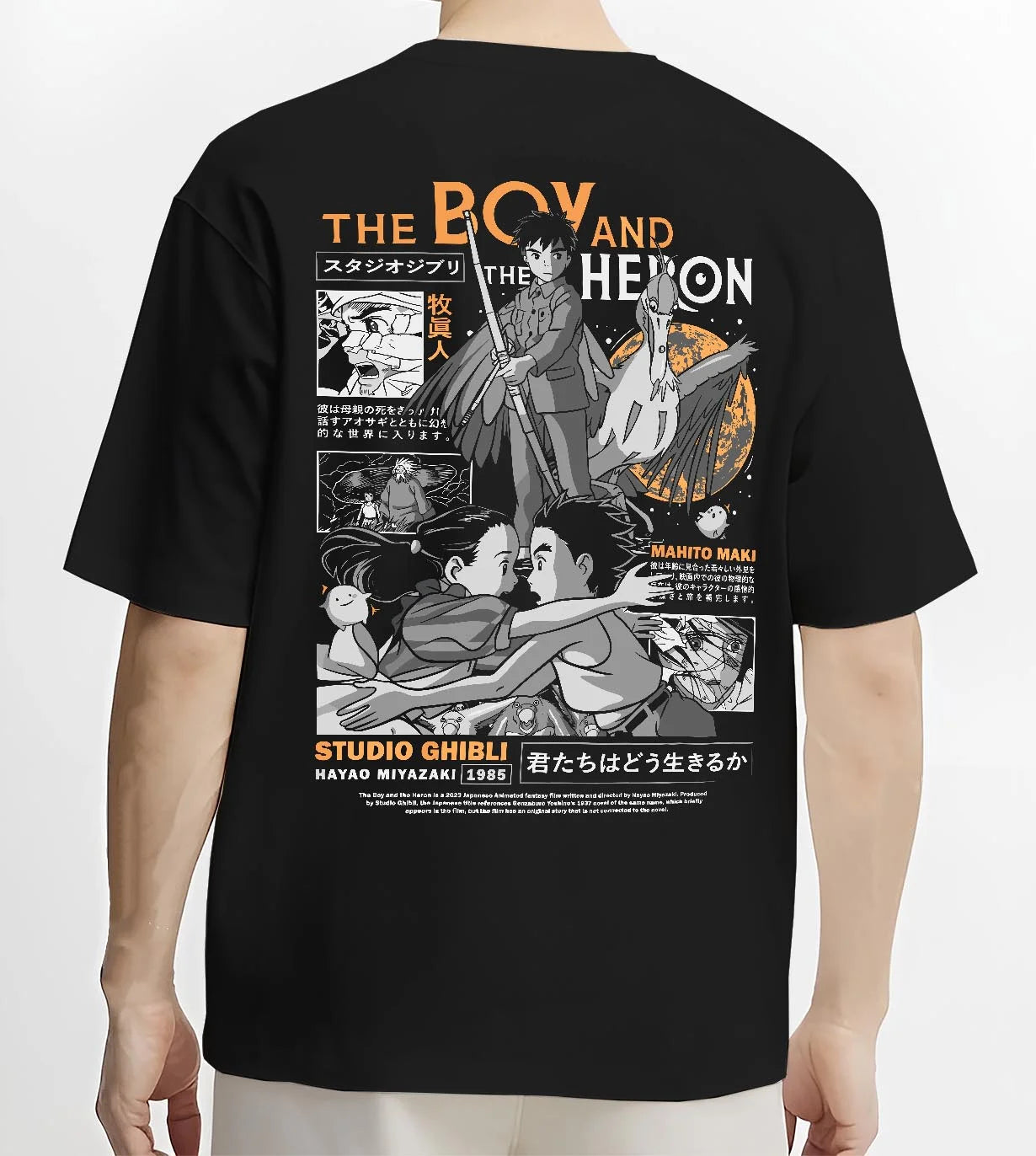 Black T-shirt worn by male model, back view with The Boy And The Heron Hoodie Studio Ghibli Cover graphic premium wear.