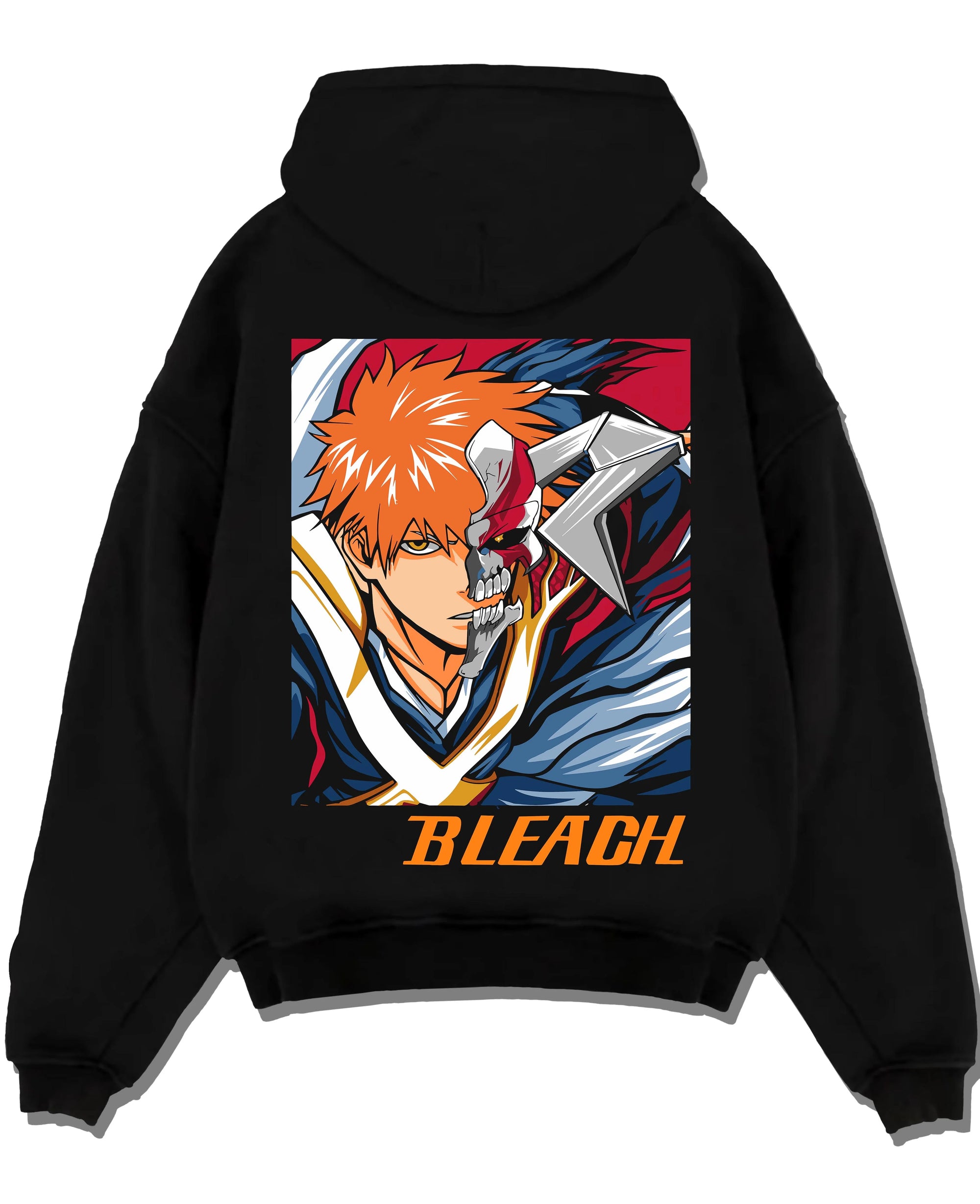 Black pullover hoodie laid flat with Bleach Hoodie Hollow Ichigo Masked Vizard Form graphic premium wear.