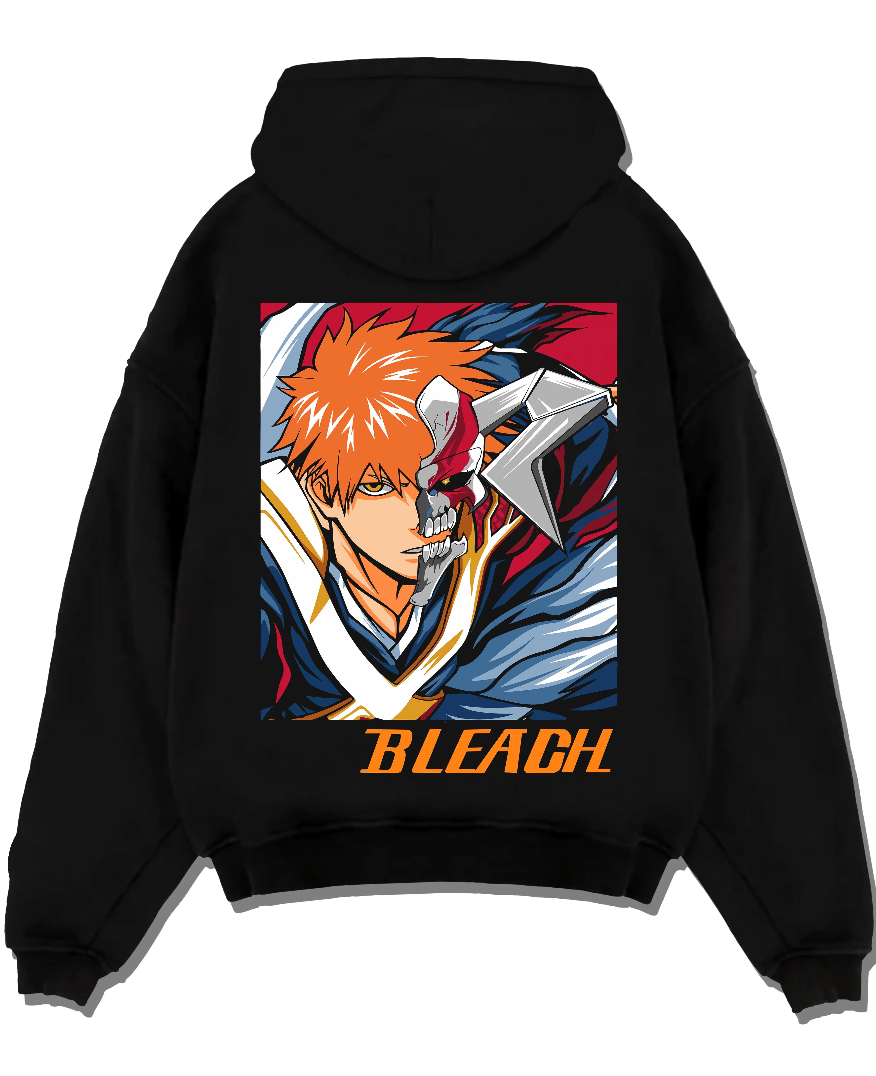Black pullover hoodie laid flat with Bleach Hoodie Hollow Ichigo Masked Vizard Form graphic premium wear.