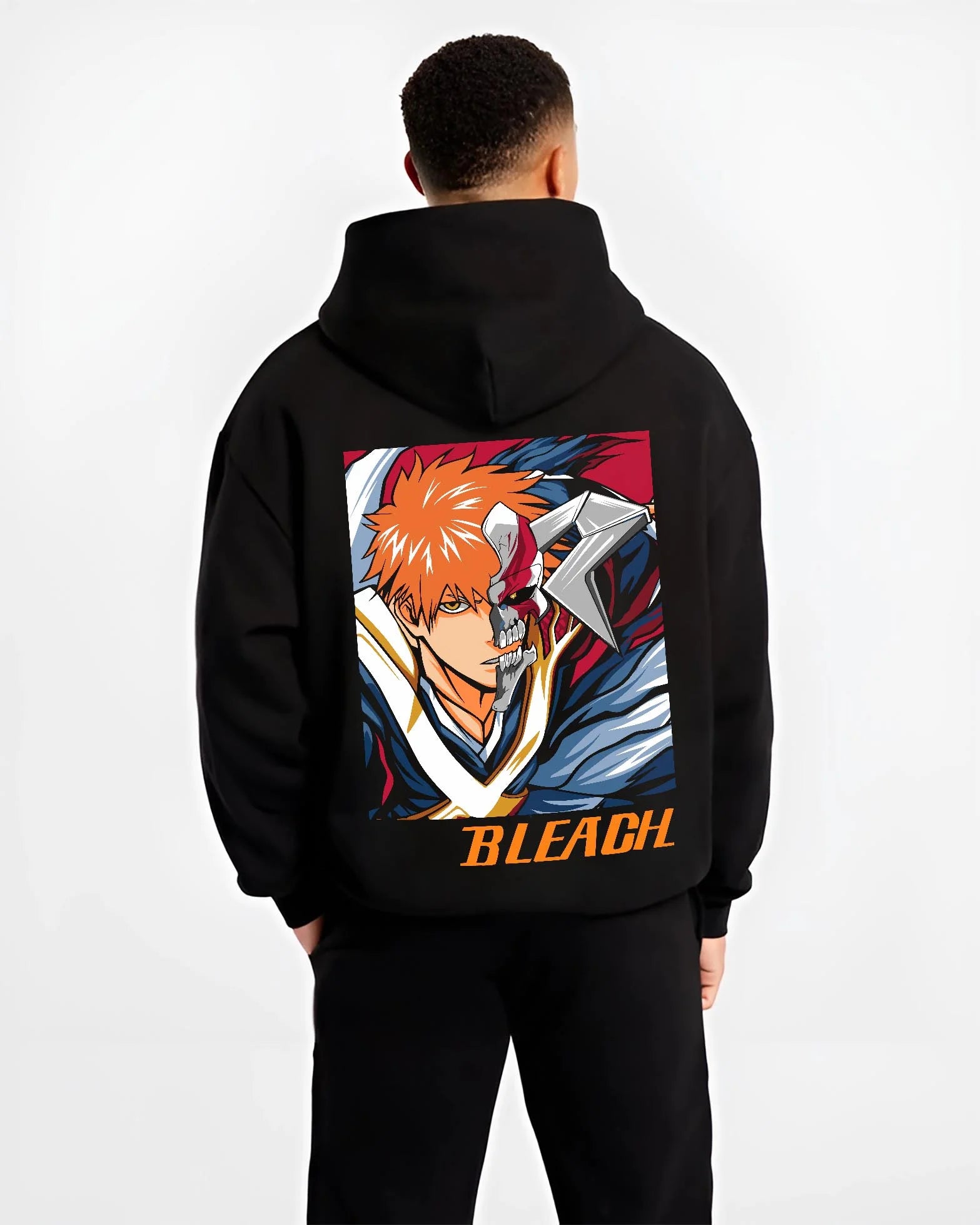 Black hoodie worn by male model, back view with Bleach Hoodie Hollow Ichigo Masked Vizard Form graphic premium wear.