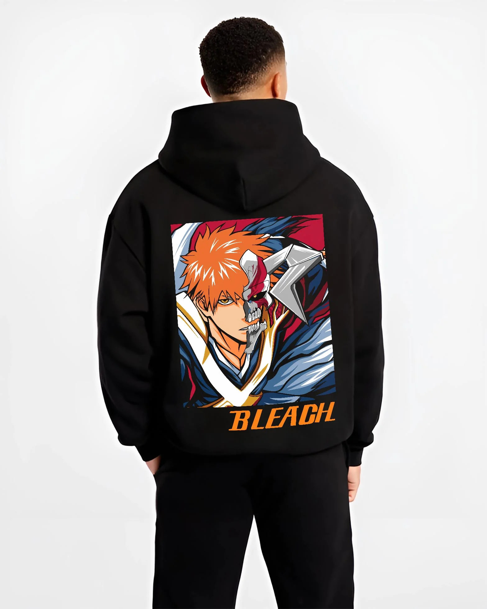 Black hoodie worn by male model, back view with Bleach Hoodie Hollow Ichigo Masked Vizard Form graphic premium wear.