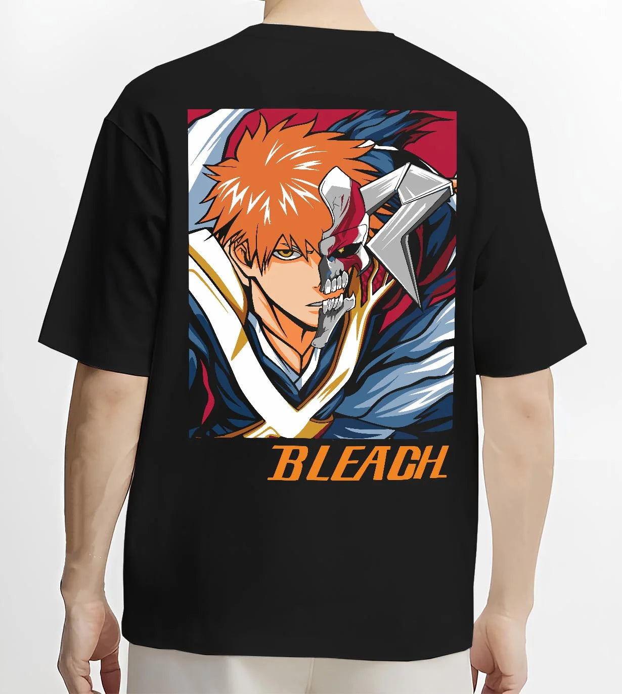 Black T-shirt worn by male model, back view with Bleach Hoodie Hollow Ichigo Masked Vizard Form graphic streetwear graphic.