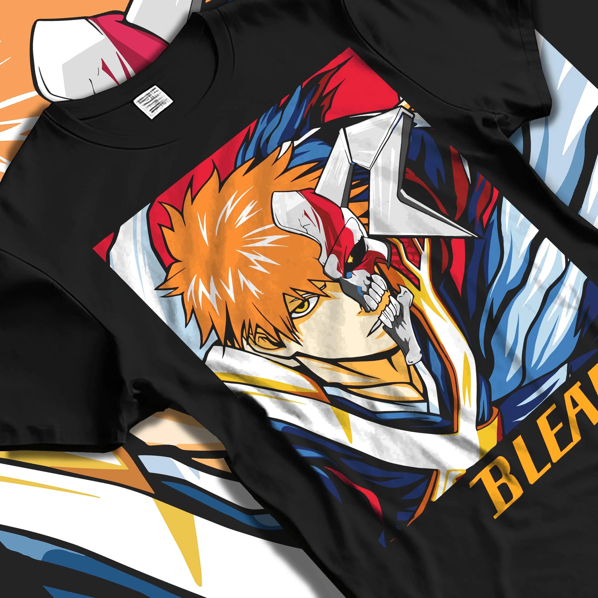 Black T-shirt laid flat with natural folds with Bleach Hoodie Hollow Ichigo Masked Vizard Form graphic bold anime graphic.
