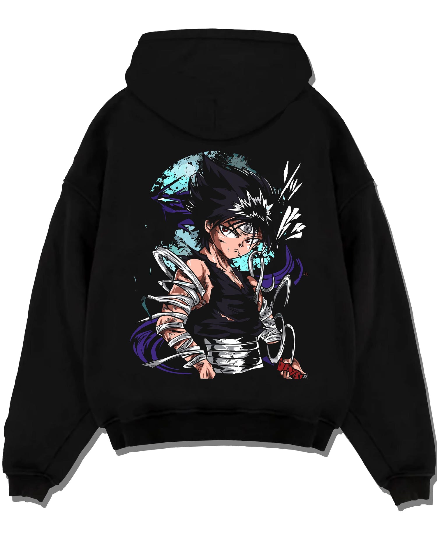 Black pullover hoodie laid flat with Yu Yu Hakusho Hoodie Hiei Dark Dragon Jumper graphic premium wear.