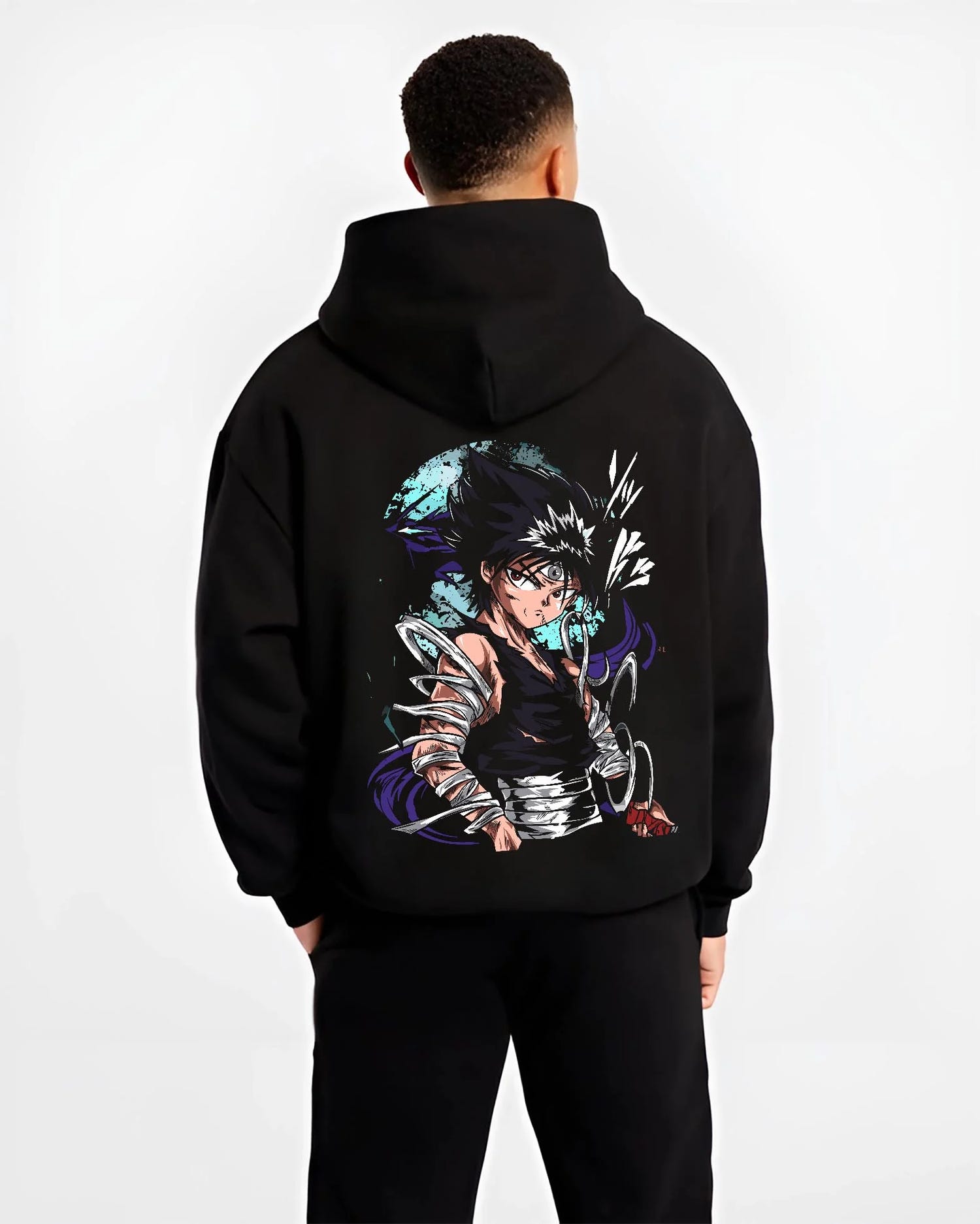Black hoodie worn by male model, back view with Yu Yu Hakusho Hoodie Hiei Dark Dragon Jumper graphic Hiei anime design.