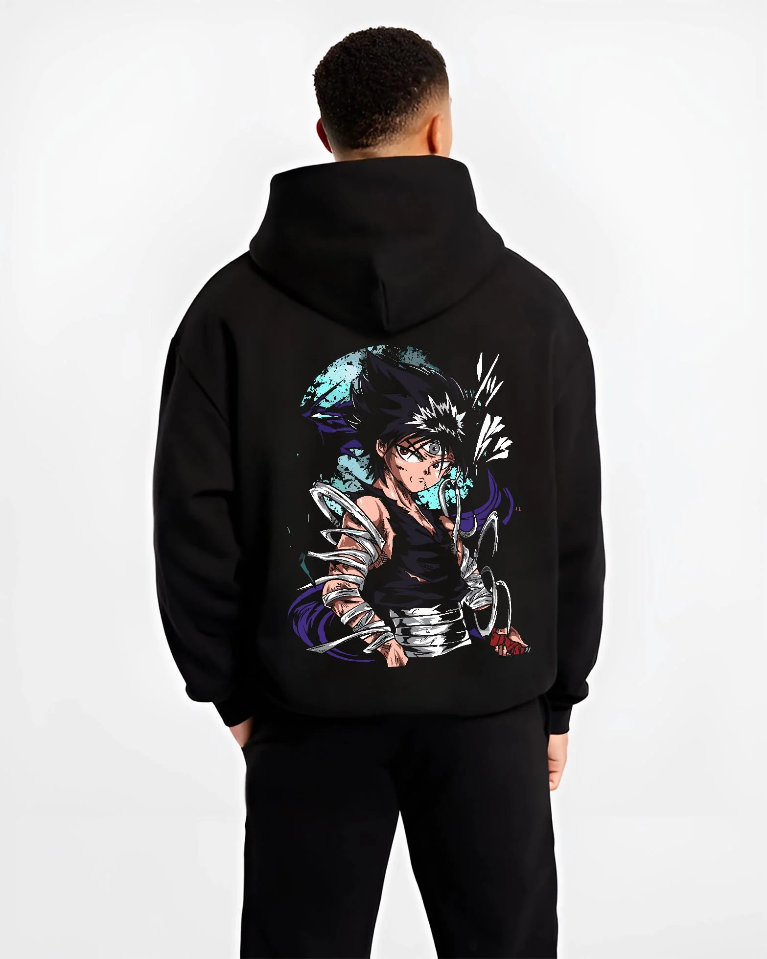 Black hoodie worn by male model, back view with Yu Yu Hakusho Hoodie Hiei Dark Dragon Jumper graphic Hiei anime design.