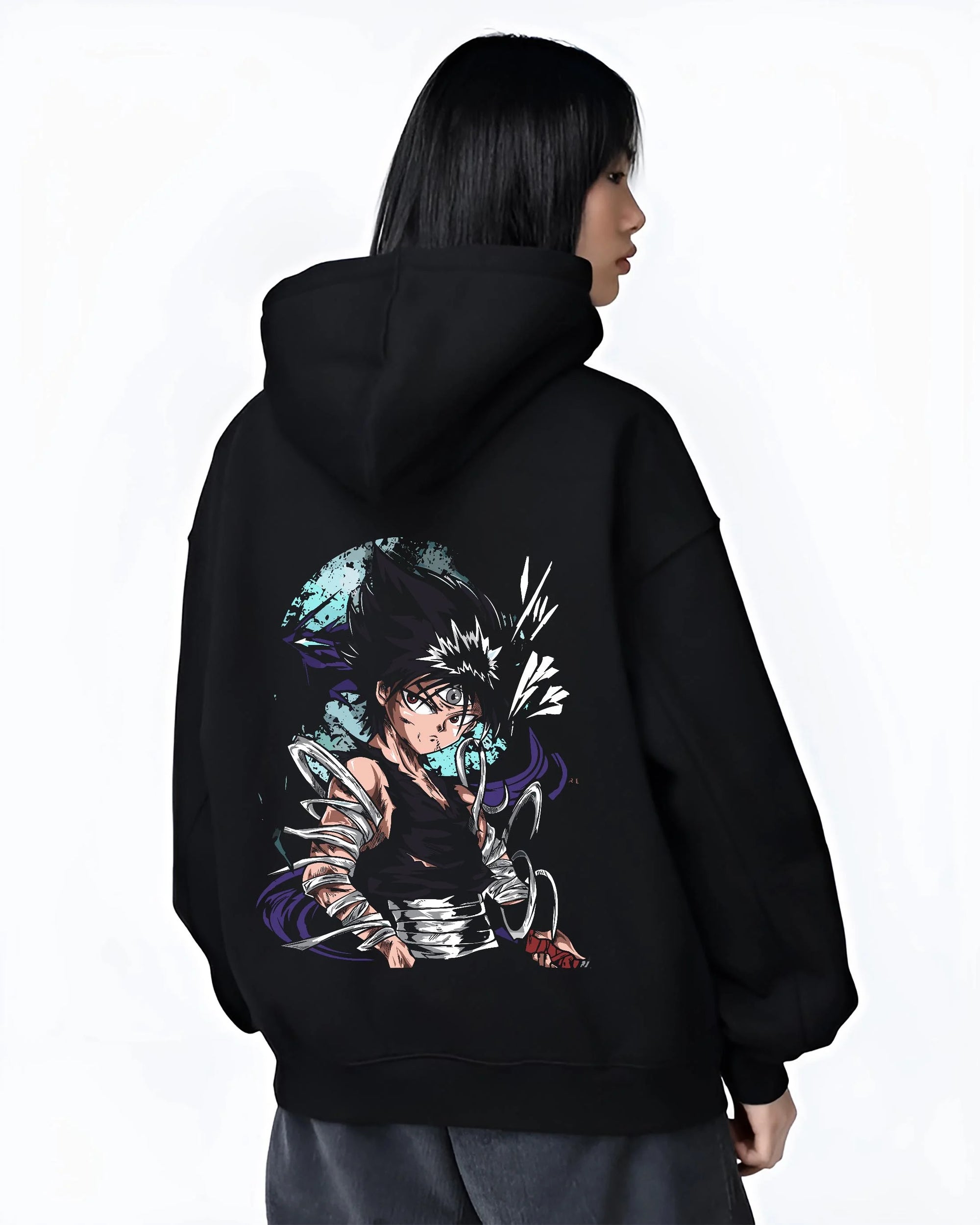 Black hoodie worn by female model, back view with Yu Yu Hakusho Hoodie Hiei Dark Dragon Jumper graphic streetwear graphic.