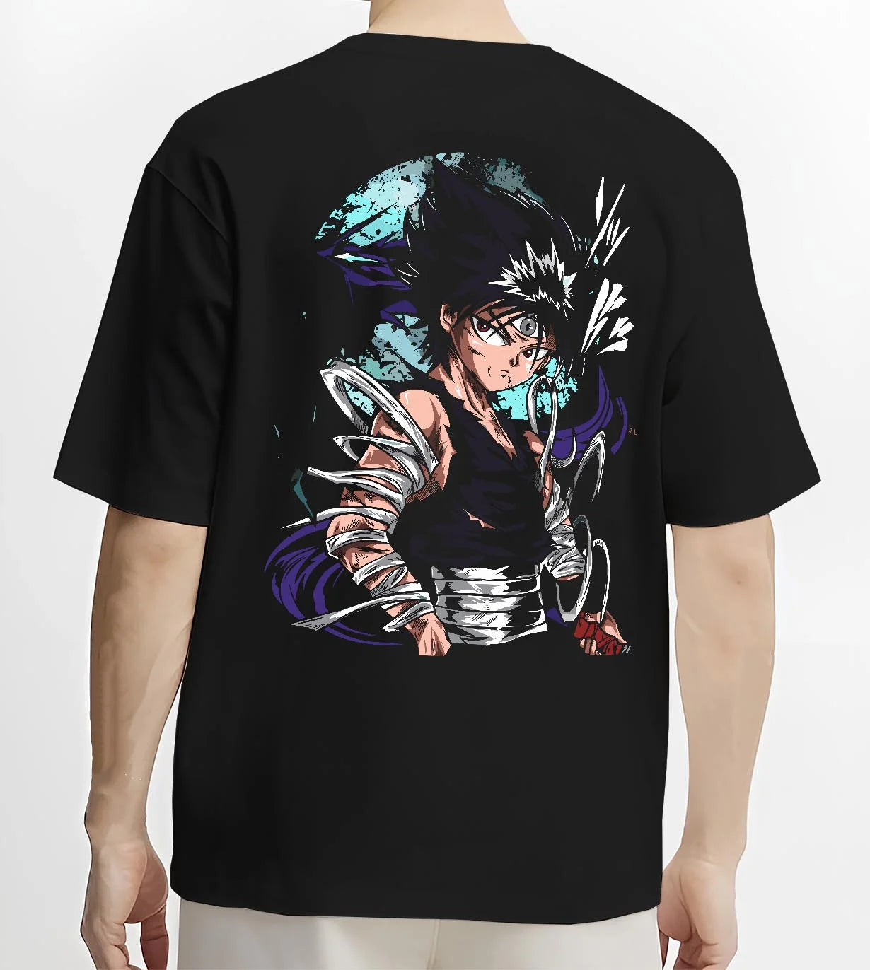 Black T-shirt worn by male model, back view with Yu Yu Hakusho Hoodie Hiei Dark Dragon Jumper graphic premium wear.