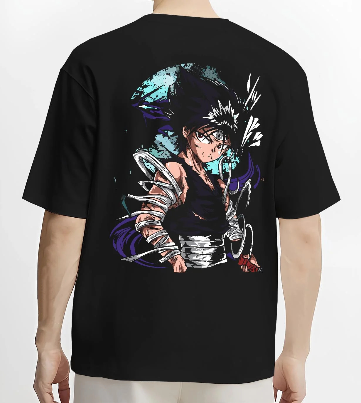 Black T-shirt worn by male model, back view with Yu Yu Hakusho Hoodie Hiei Dark Dragon Jumper graphic premium wear.