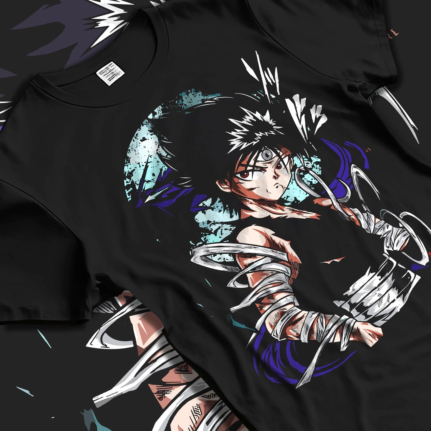 Black T-shirt laid flat with natural folds with Yu Yu Hakusho Hoodie Hiei Dark Dragon Jumper graphic premium wear.