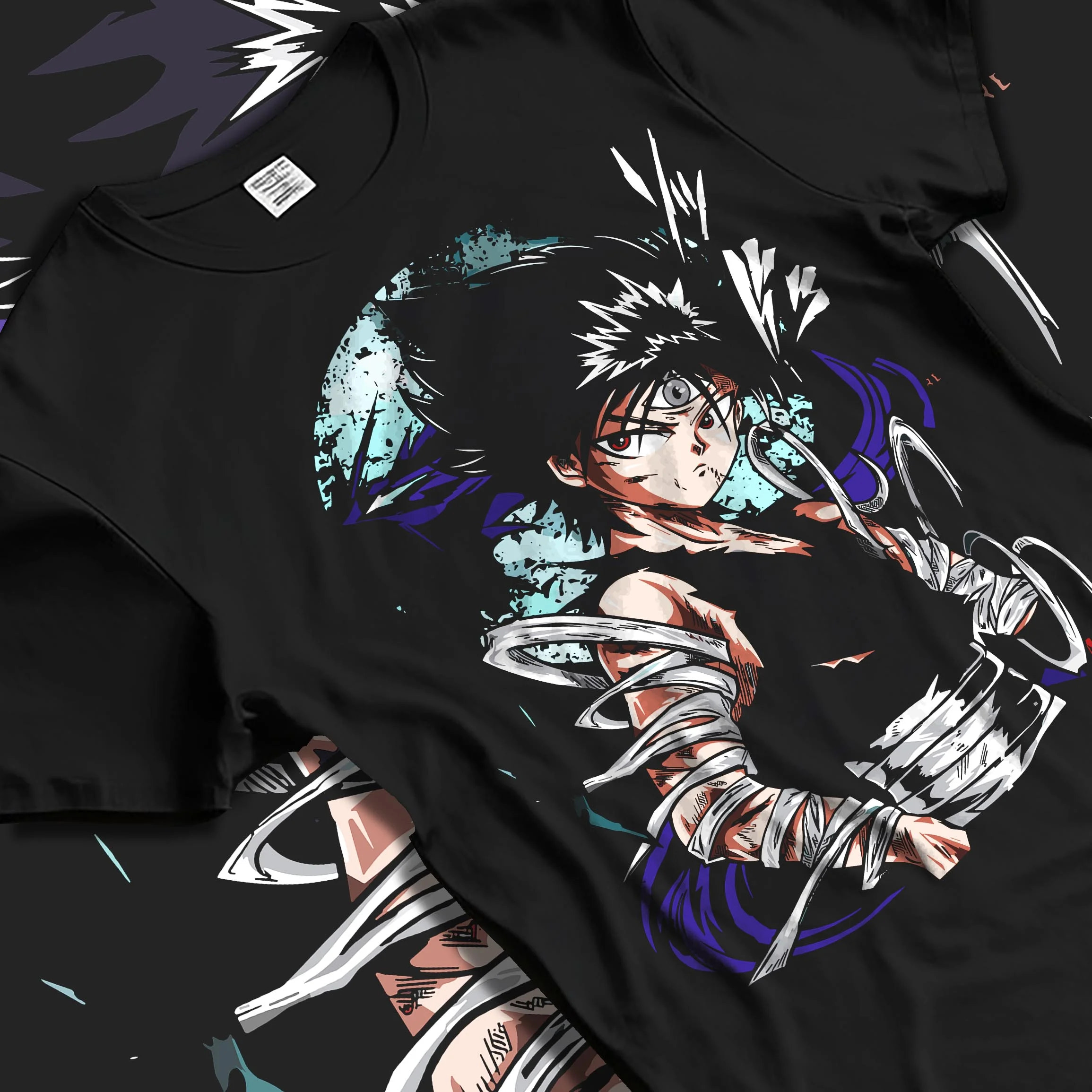 Black T-shirt laid flat with natural folds with Yu Yu Hakusho Hoodie Hiei Dark Dragon Jumper graphic premium wear.
