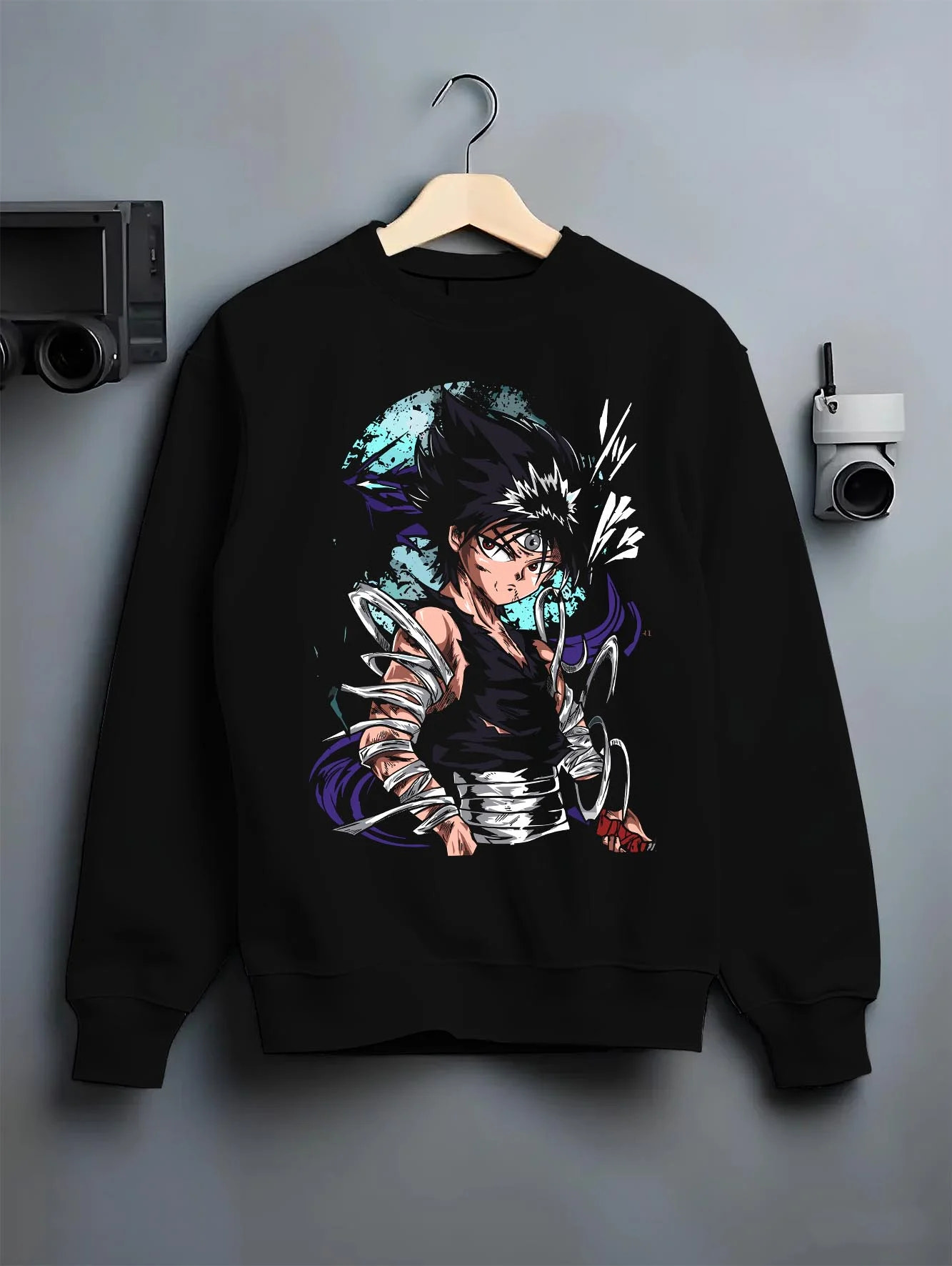 Black crewneck sweatshirt on hanger with Yu Yu Hakusho Hoodie Hiei Dark Dragon Jumper graphic streetwear graphic.