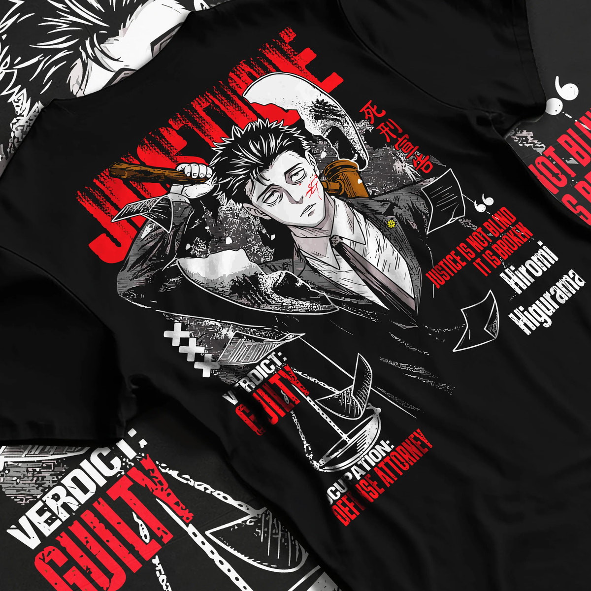 Black T-shirt flat back view showing Hiromi Higuruma from Jujutsu Kaisen: prosecutor/guilty poster