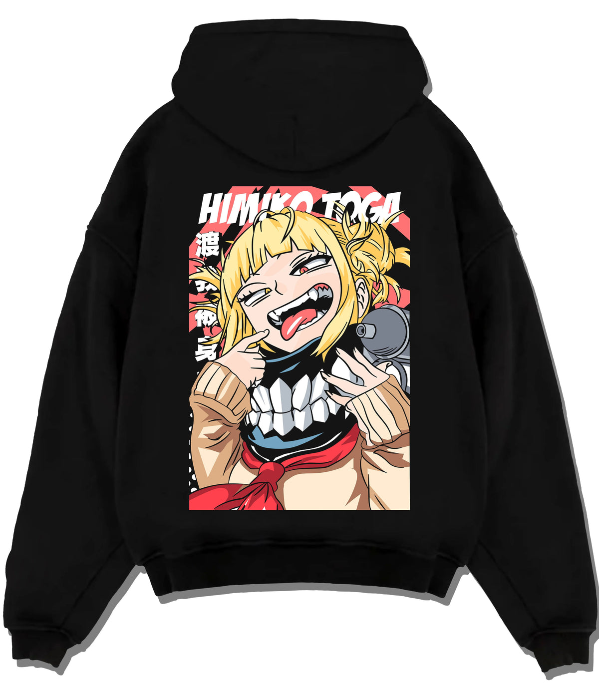 Black hoodie flat back view showing Himiko Toga from My Hero Academia: smiling portrait