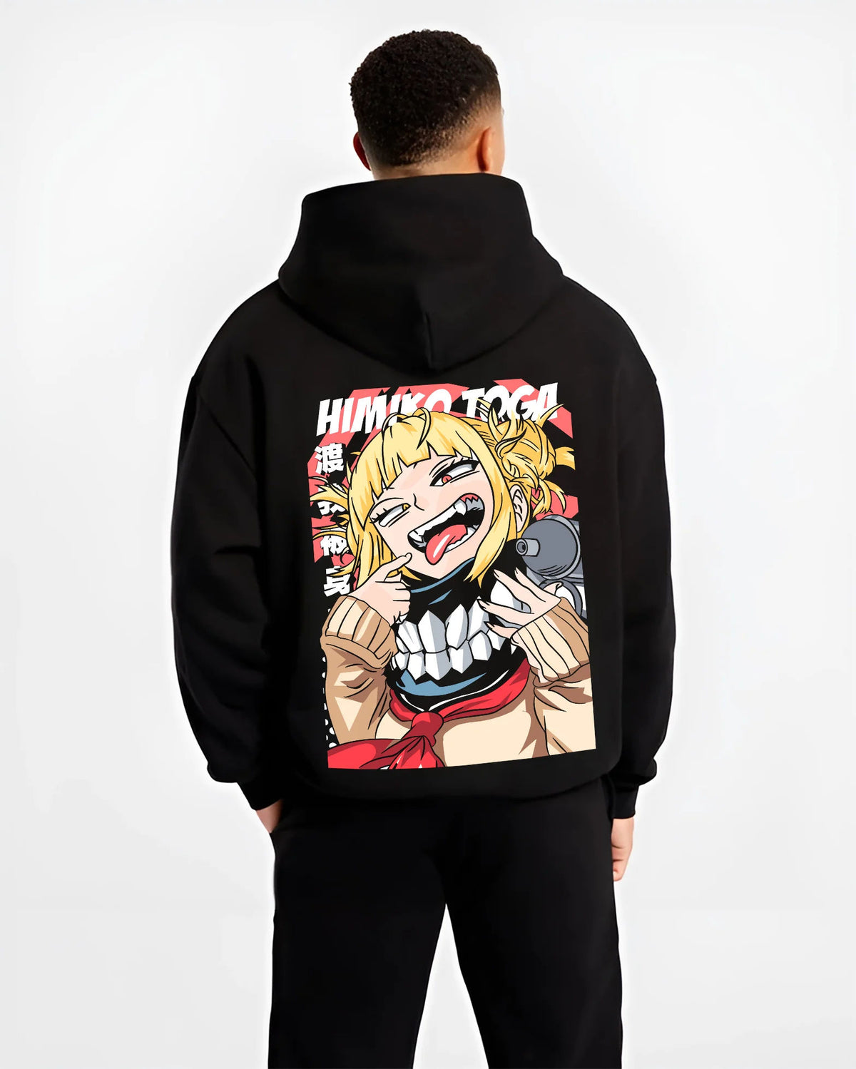 Black hoodie model back view showing Himiko Toga from My Hero Academia: smiling portrait