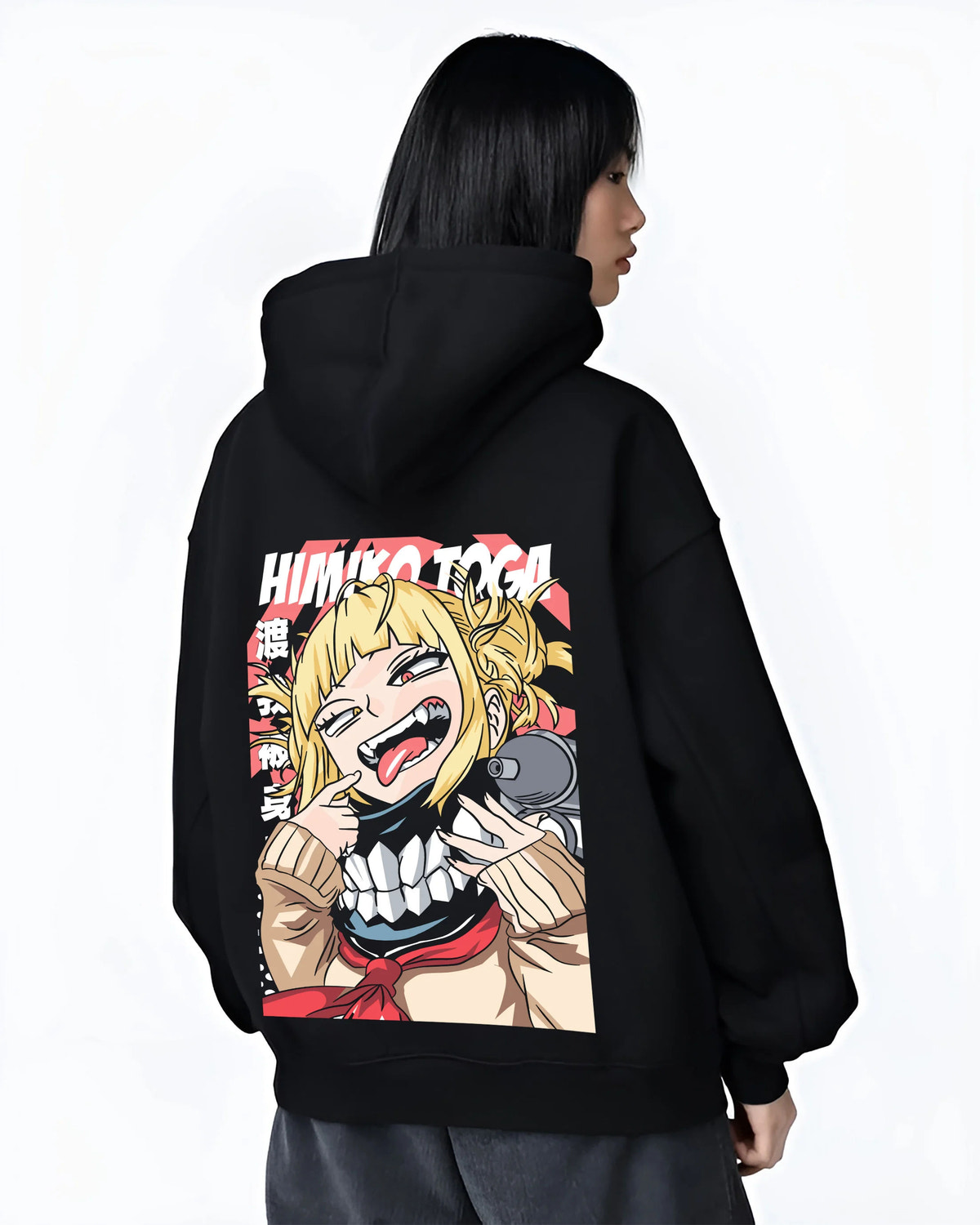 Black hoodie female model back view showing Himiko Toga from My Hero Academia: smiling portrait