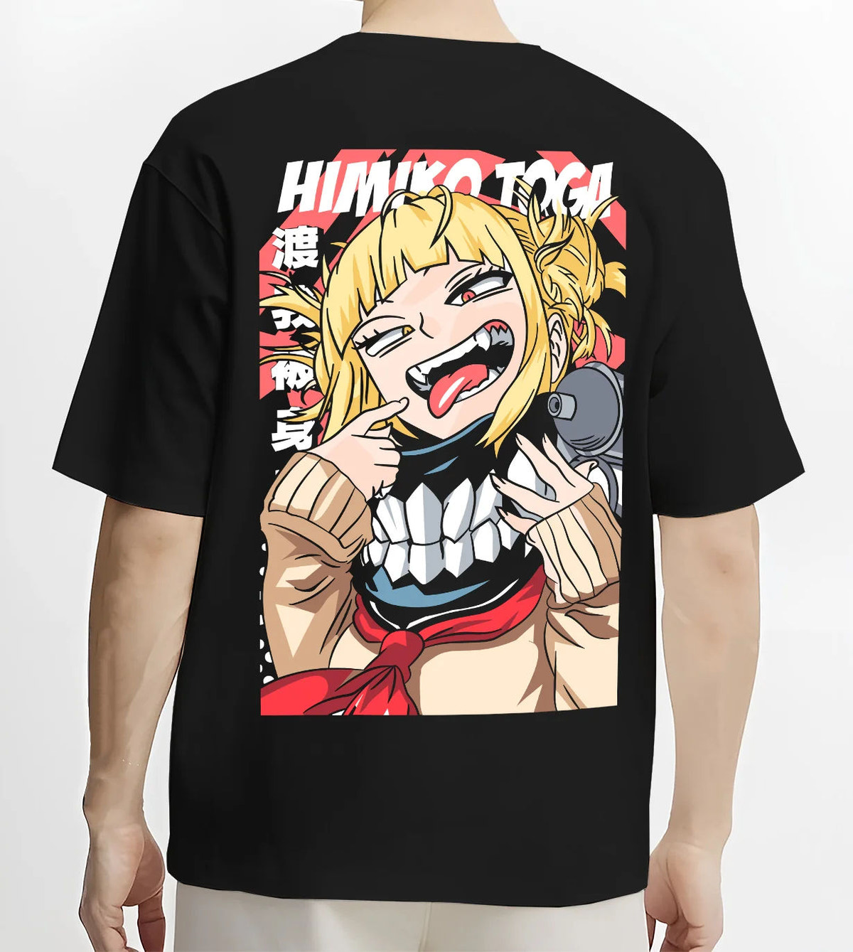 Black T-shirt model back view showing Himiko Toga from My Hero Academia: smiling portrait