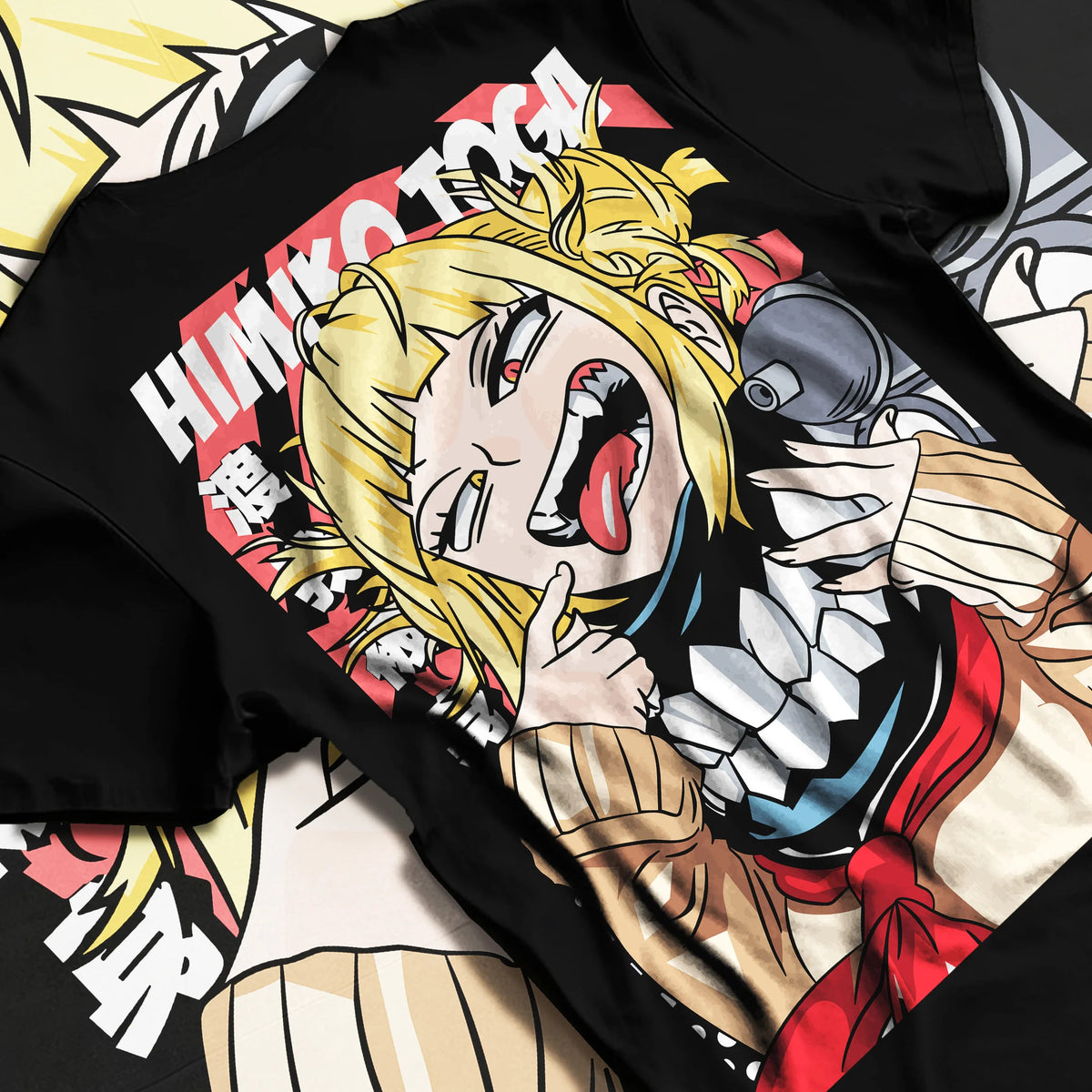 Black T-shirt flat back view showing Himiko Toga from My Hero Academia: smiling portrait