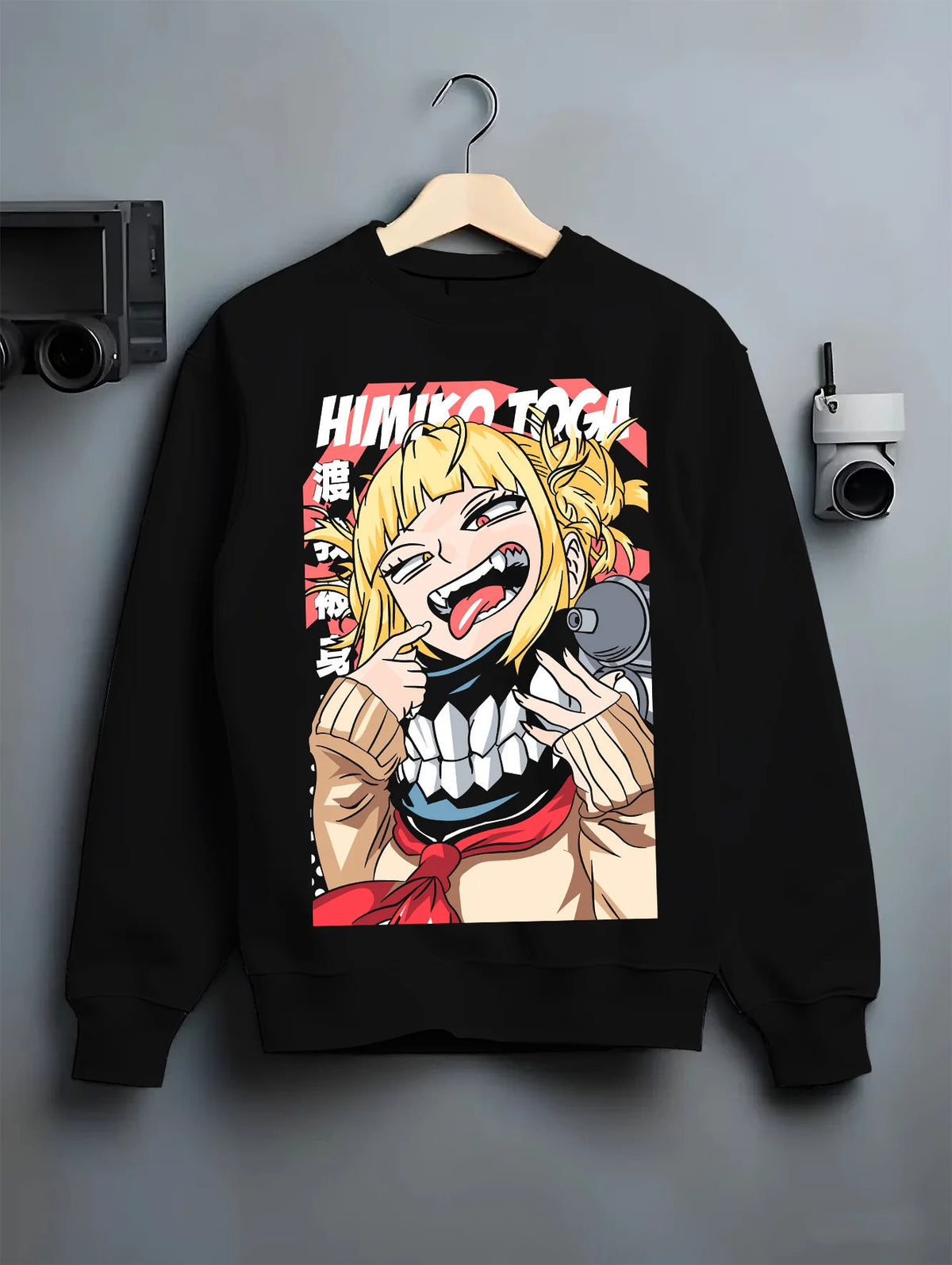 Black crewneck sweatshirt on hanger showing Himiko Toga from My Hero Academia: smiling portrait