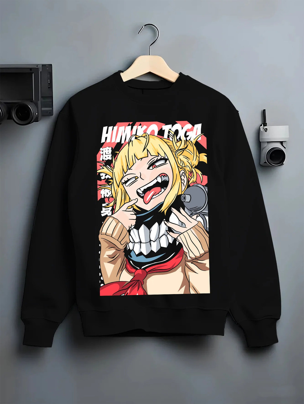 Black crewneck sweatshirt on hanger showing Himiko Toga from My Hero Academia: smiling portrait