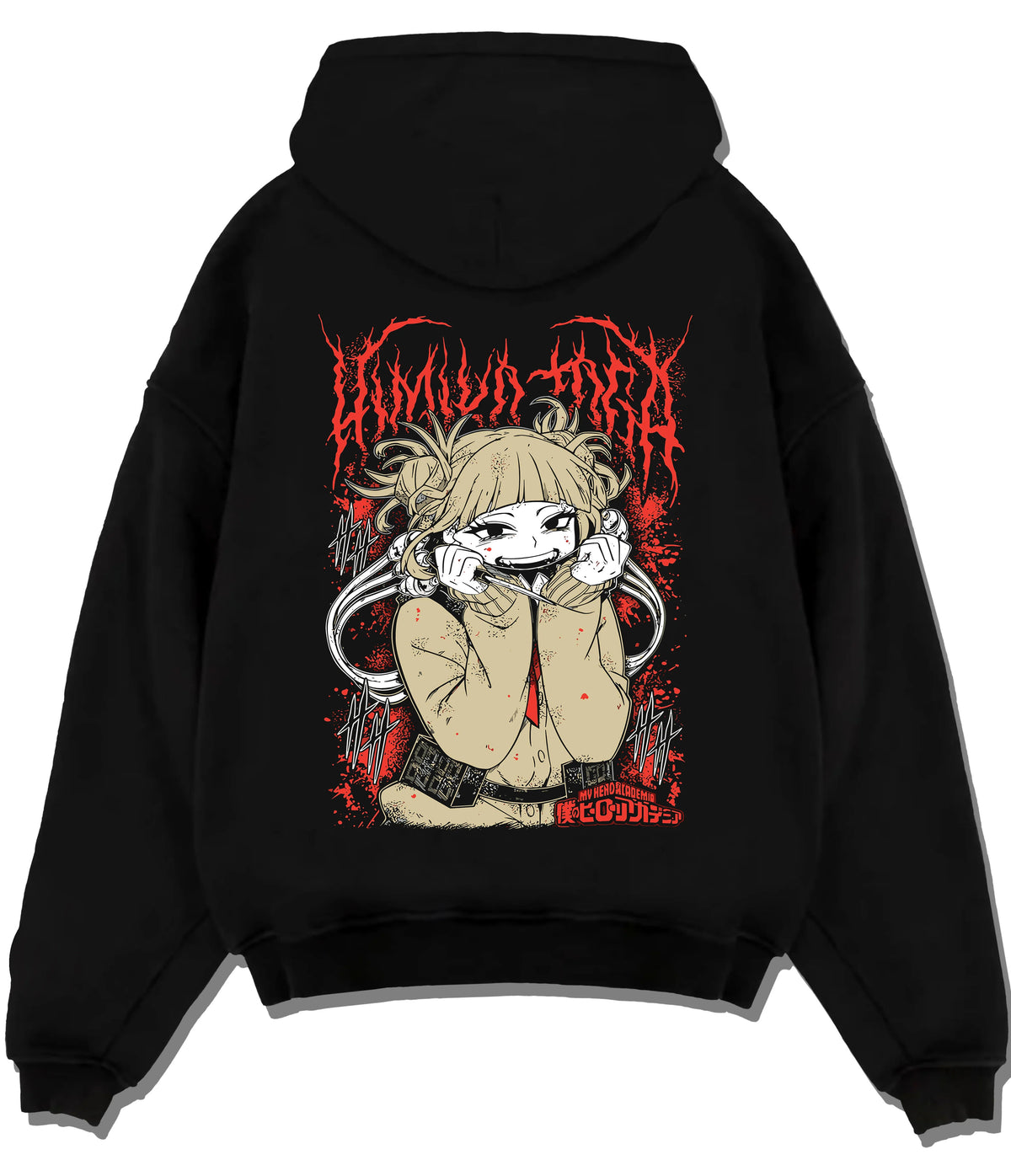 Black hoodie flat back view showing Himiko Toga from My Hero Academia: crouched smiling portrait