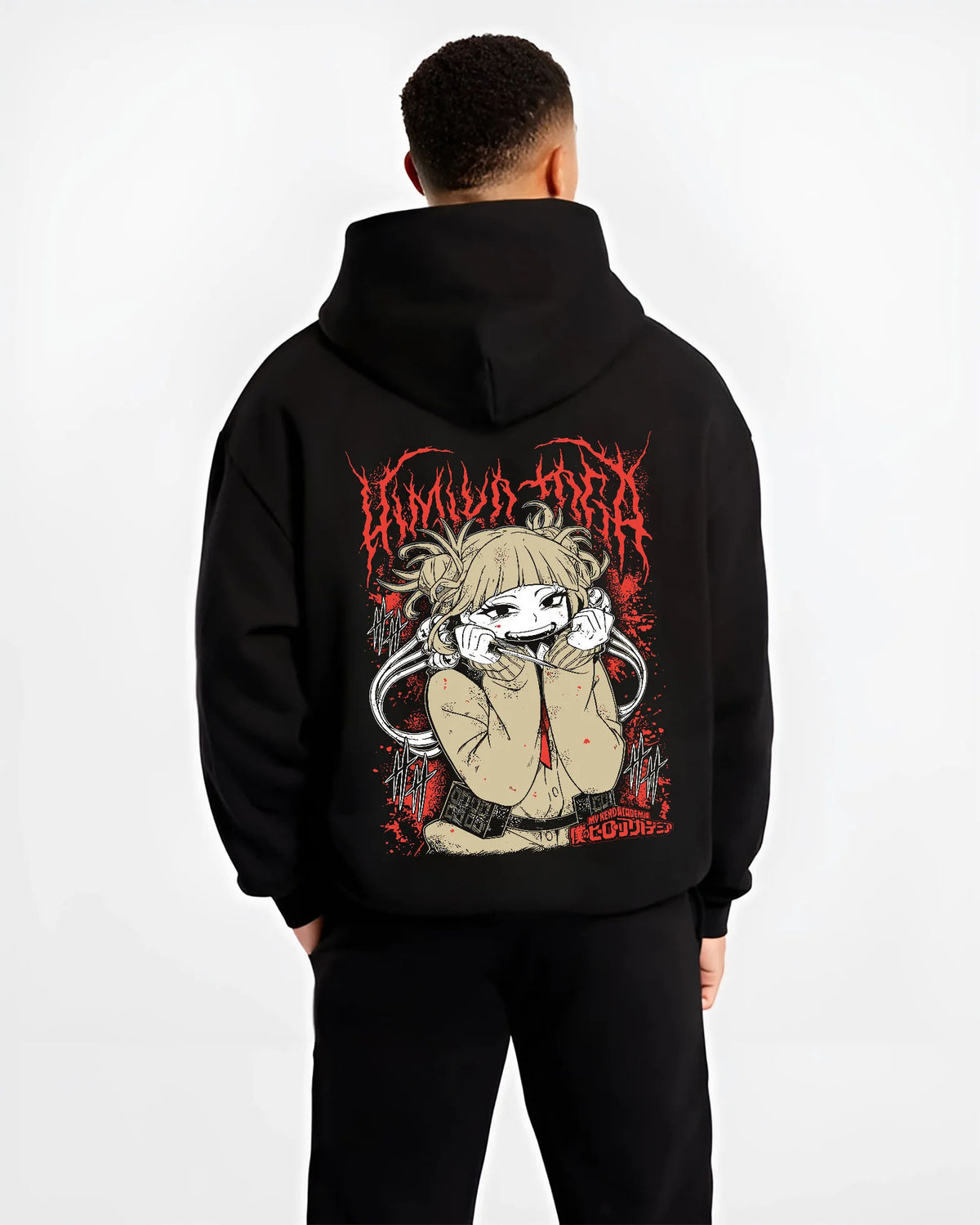 Black hoodie model back view showing Himiko Toga from My Hero Academia: crouched smiling portrait