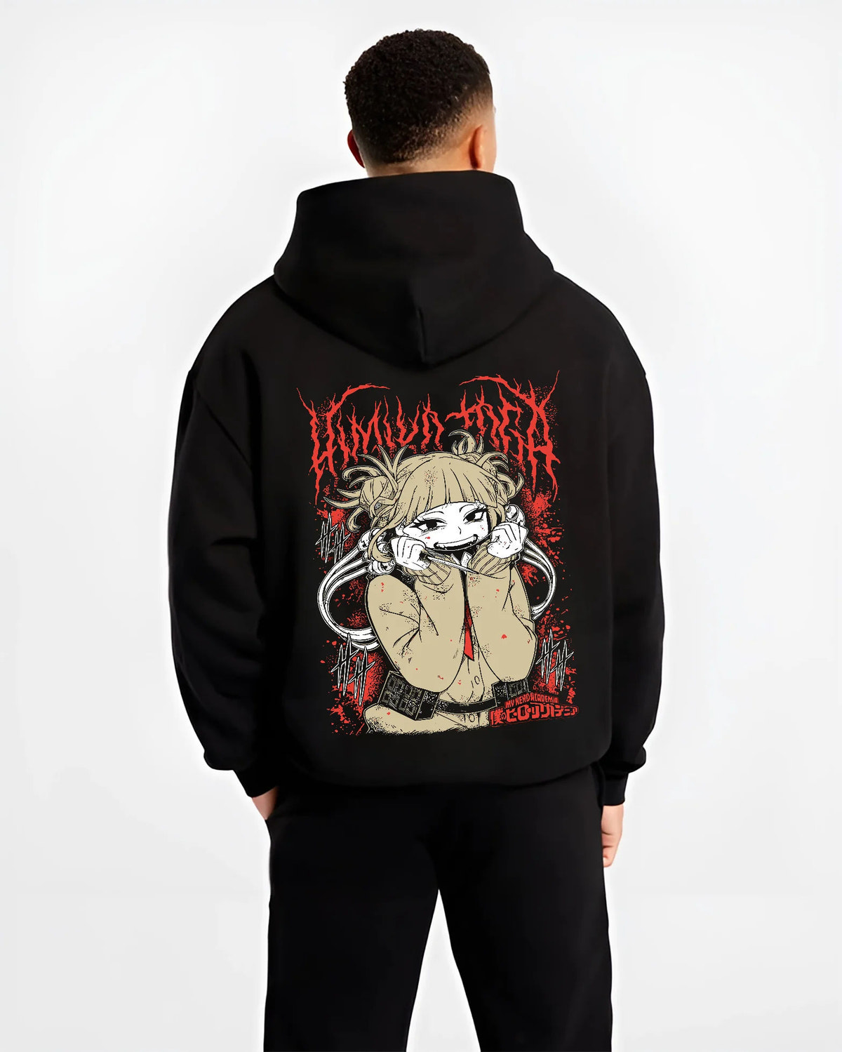 Black hoodie model back view showing Himiko Toga from My Hero Academia: crouched smiling portrait