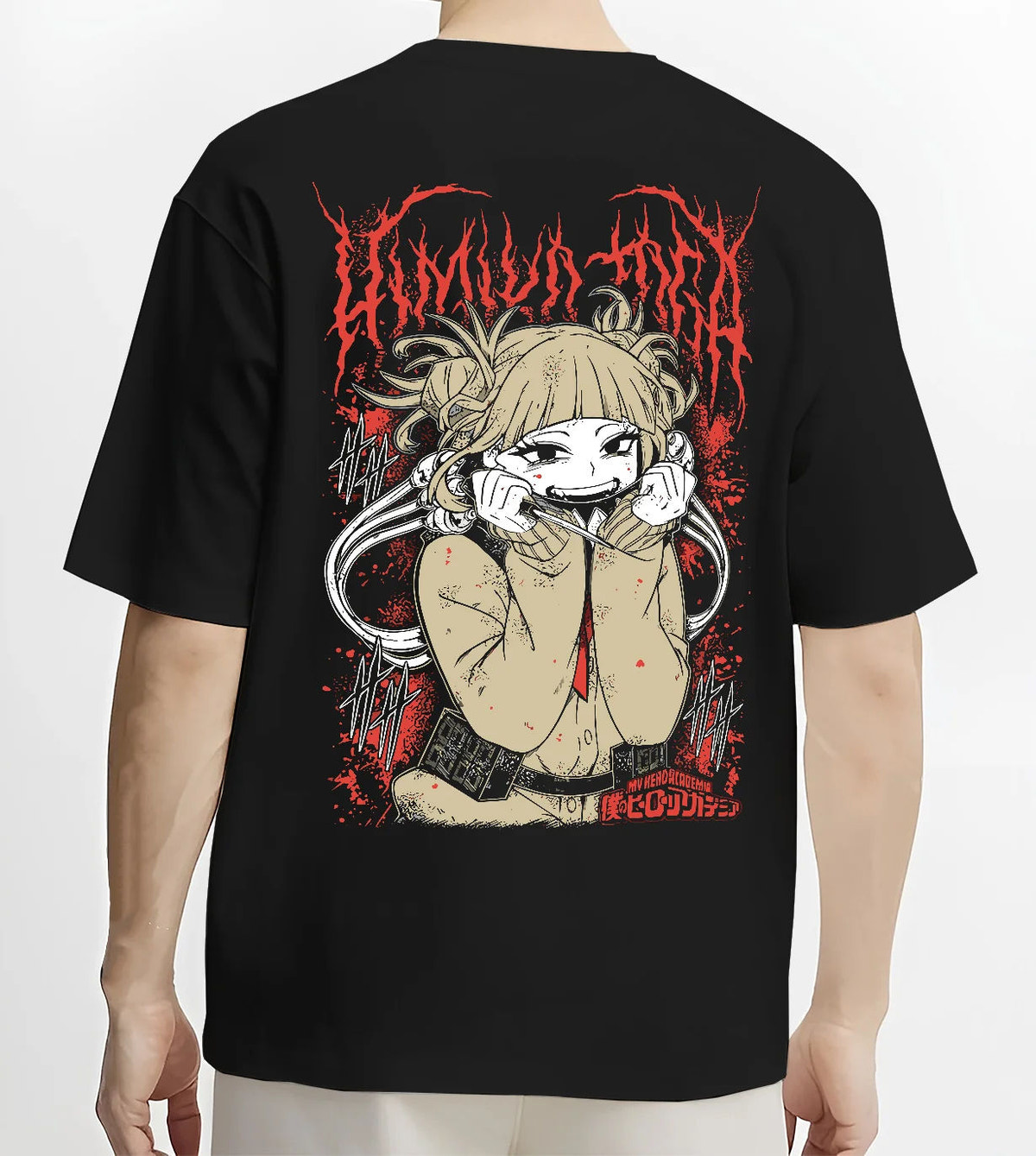 Black T-shirt model back view showing Himiko Toga from My Hero Academia: crouched smiling portrait