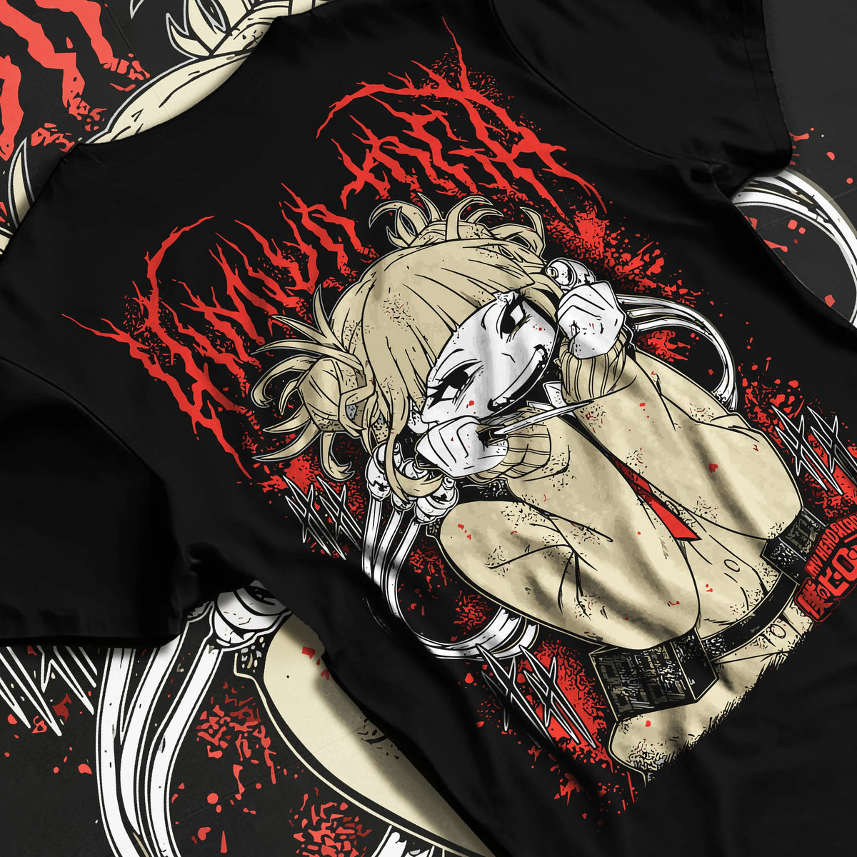 Black T-shirt flat back view showing Himiko Toga from My Hero Academia: crouched smiling portrait