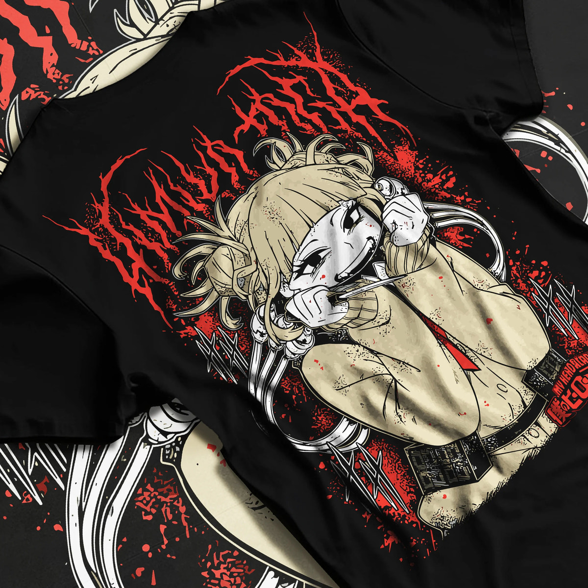 Black T-shirt flat back view showing Himiko Toga from My Hero Academia: crouched smiling portrait