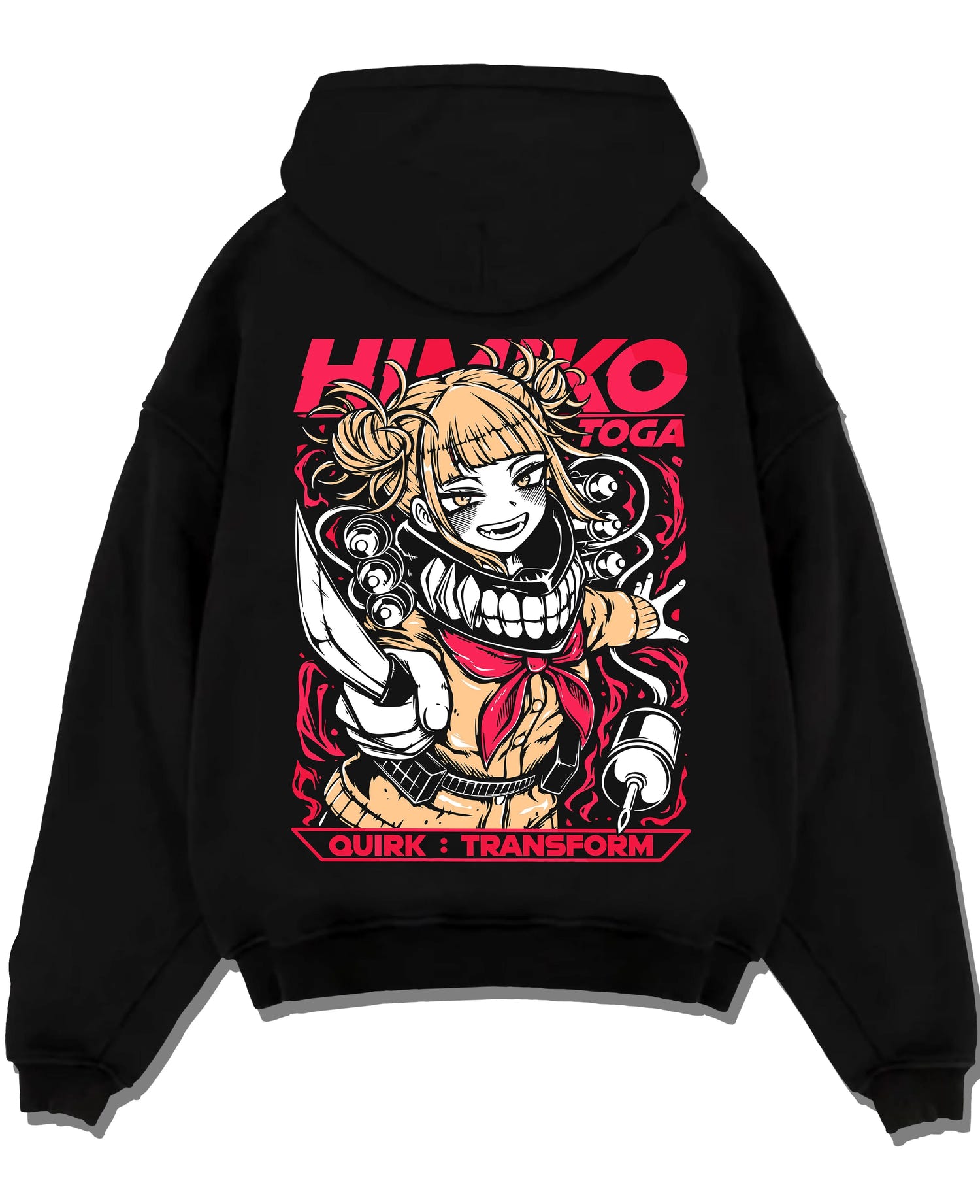 Black pullover hoodie laid flat with My Hero Academia Hoodie Himiko Toga Villain Jumper graphic streetwear graphic.
