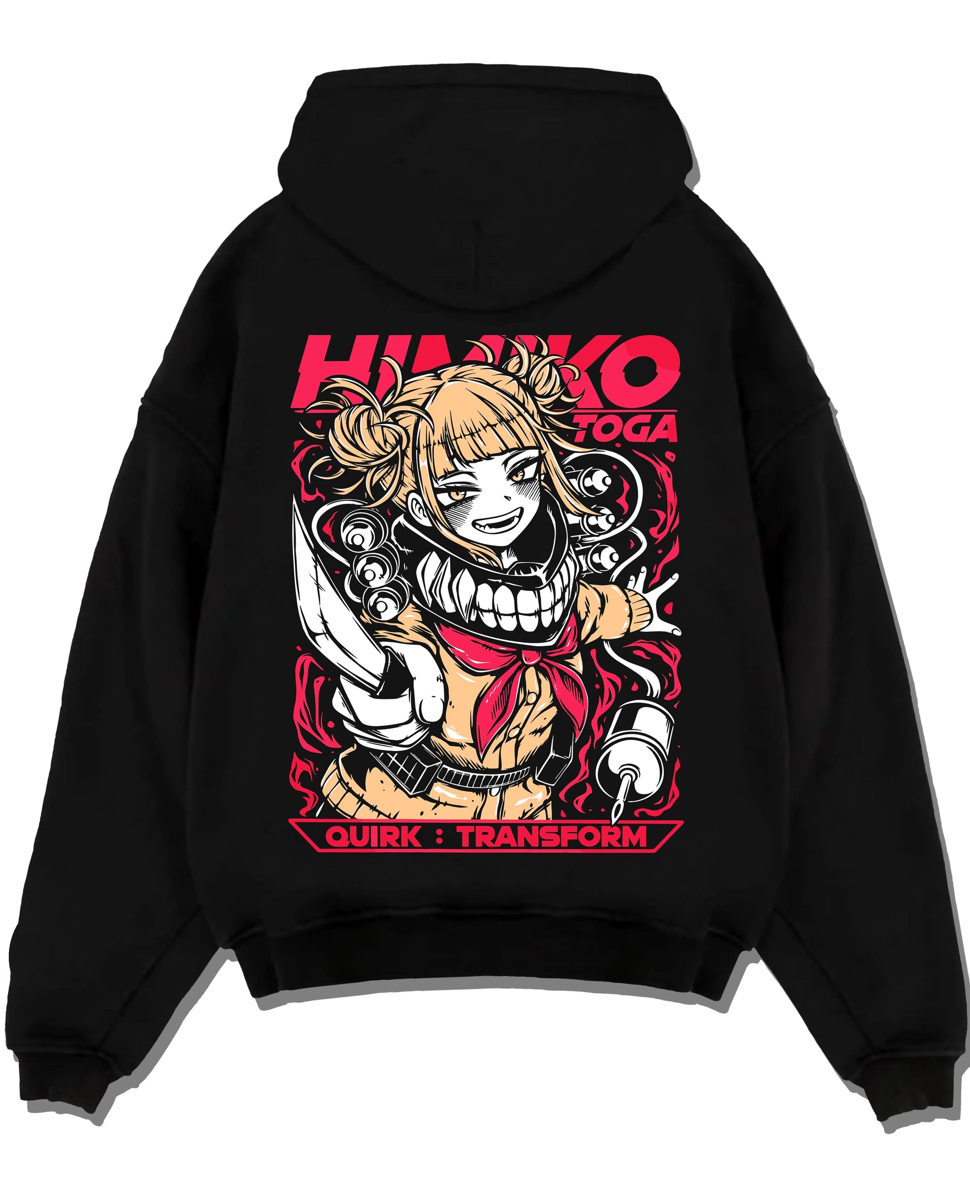 Black pullover hoodie laid flat with My Hero Academia Hoodie Himiko Toga Villain Jumper graphic streetwear graphic.