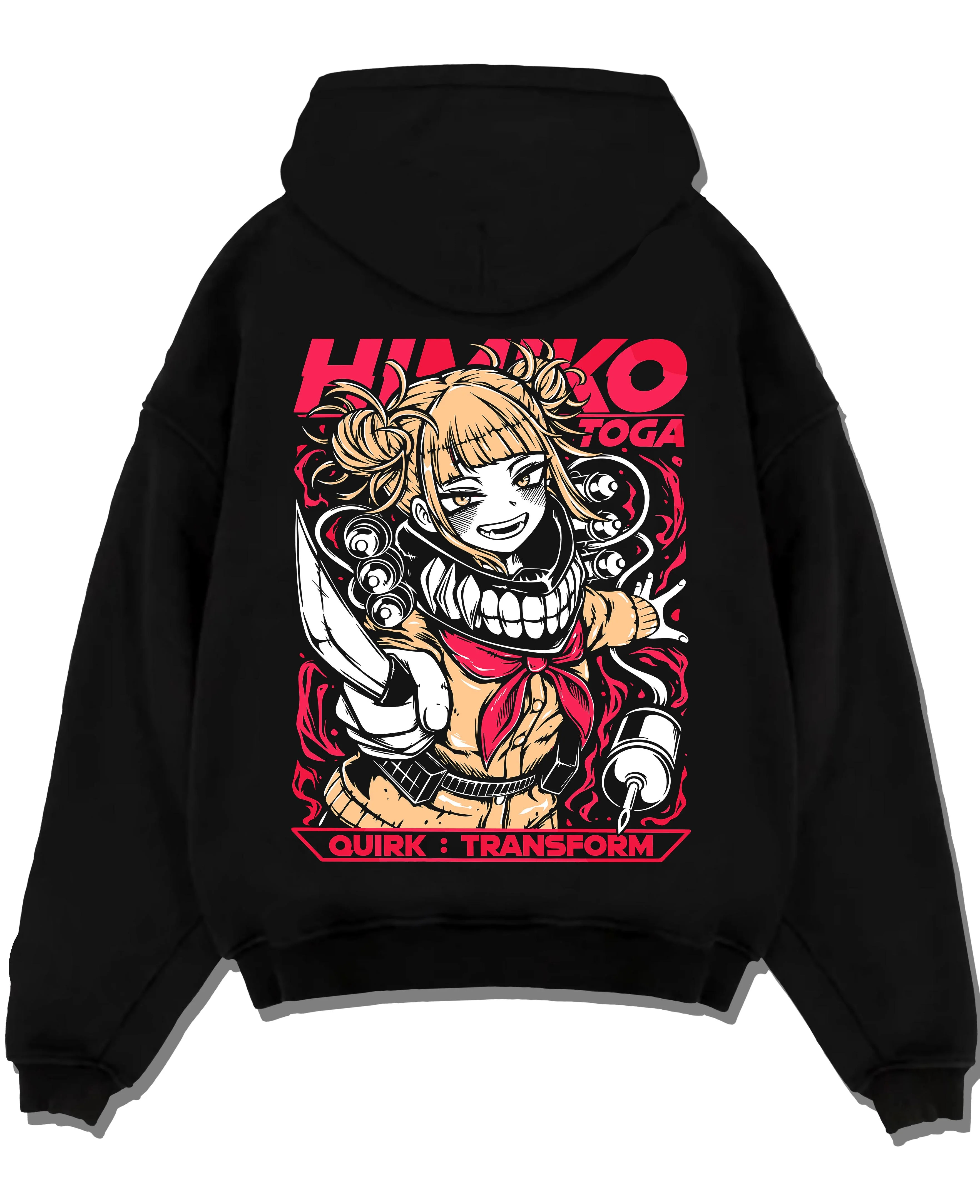 Black pullover hoodie laid flat with My Hero Academia Hoodie Himiko Toga Villain Jumper graphic streetwear graphic.
