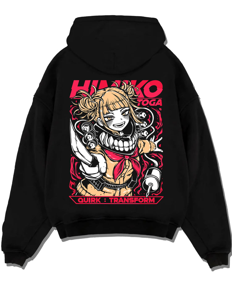 Black pullover hoodie laid flat with My Hero Academia Hoodie Himiko Toga Villain Jumper graphic streetwear graphic.