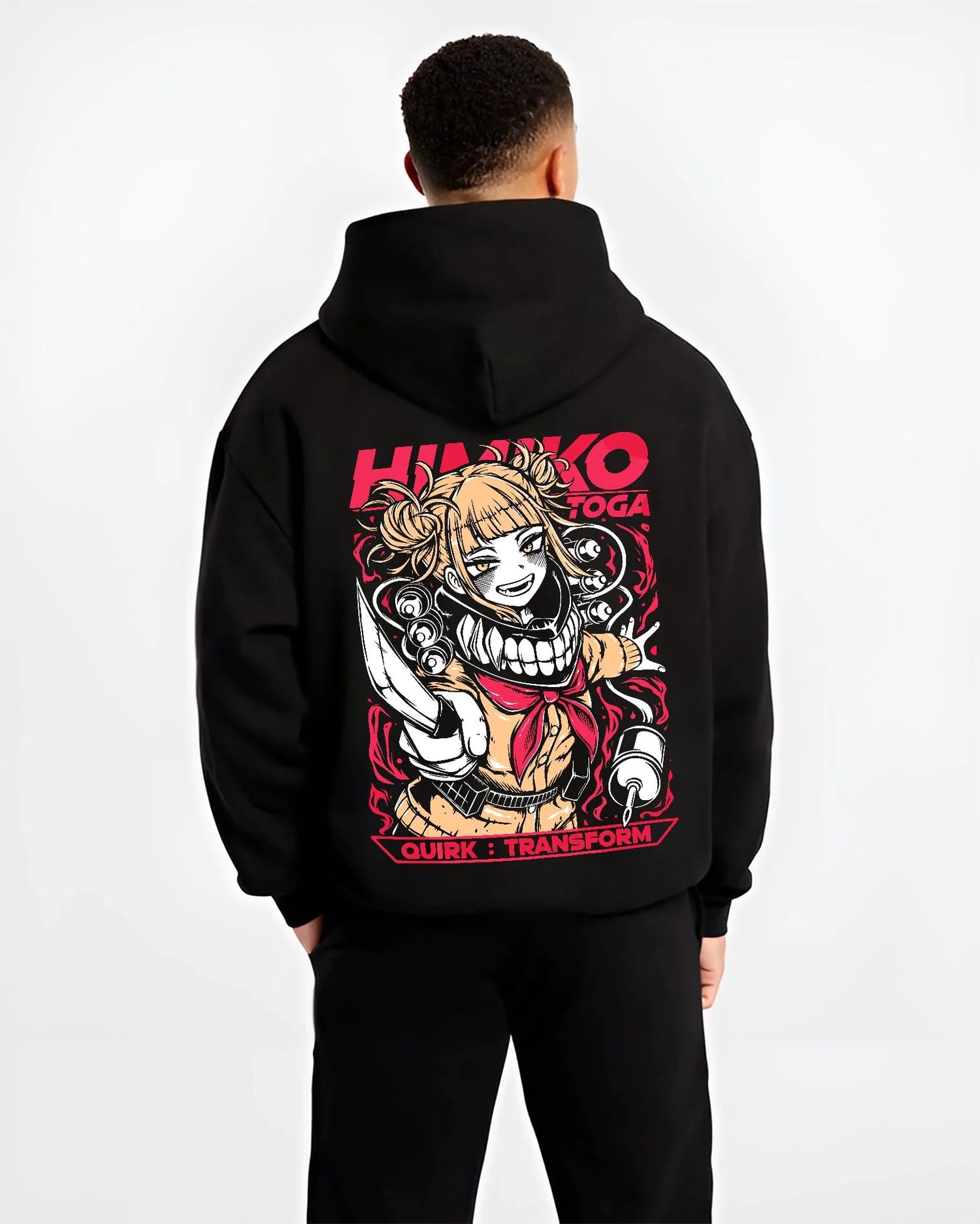 Black hoodie worn by male model, back view with My Hero Academia Hoodie Himiko Toga Villain Jumper graphic premium wear.