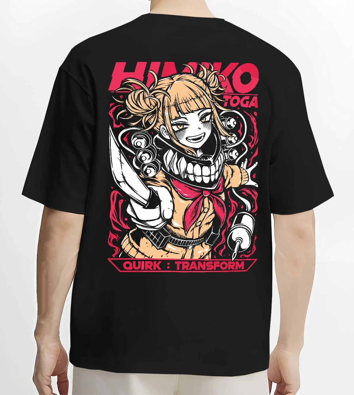Black T-shirt worn by male model, back view with My Hero Academia Hoodie Himiko Toga Villain Jumper graphic streetwear graphic.